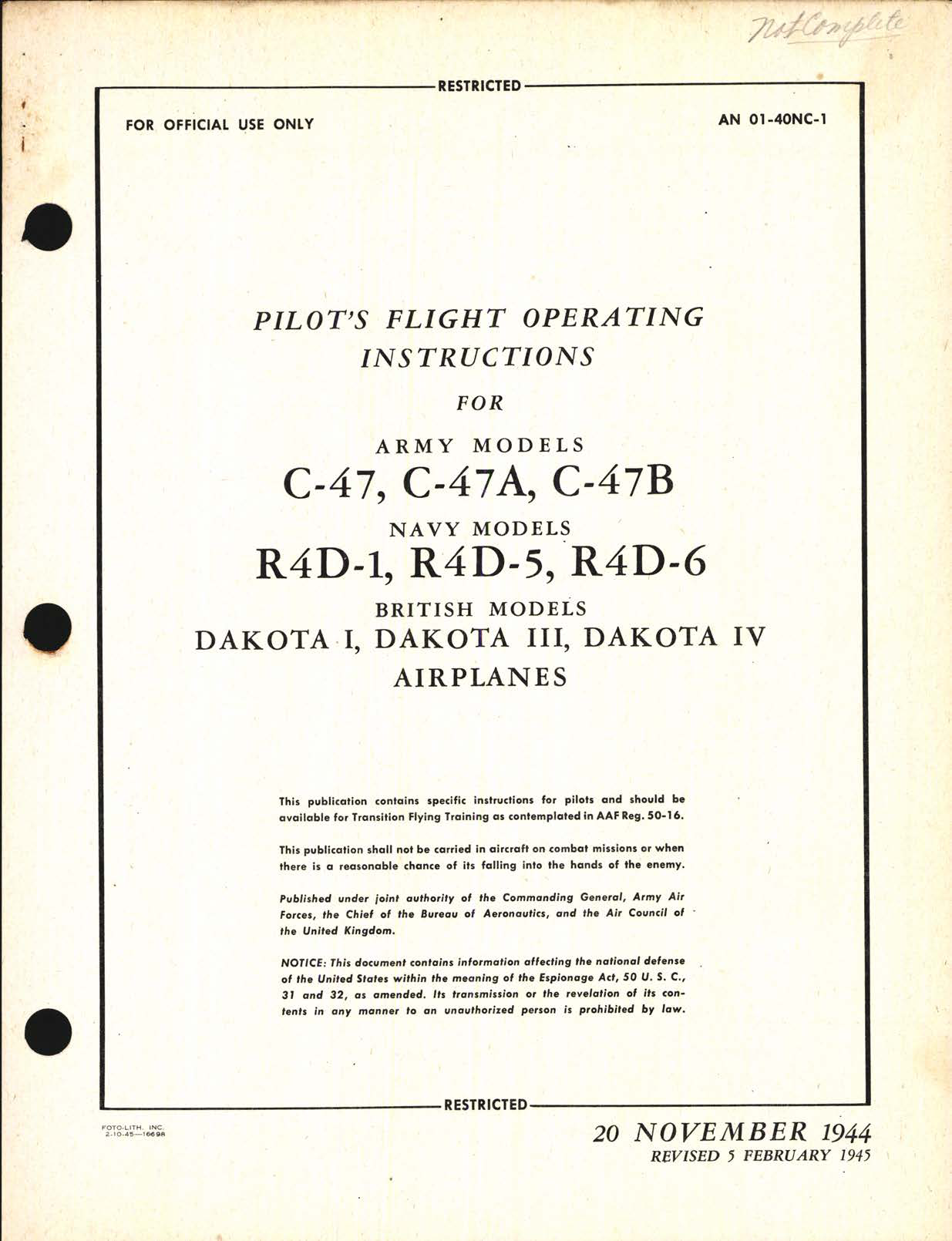 Sample page 1 from AirCorps Library document: Pilot's Flight Operating Instructions for C-47, C-47A, C-47B, R4D-1, R4D-5, and R4D-6