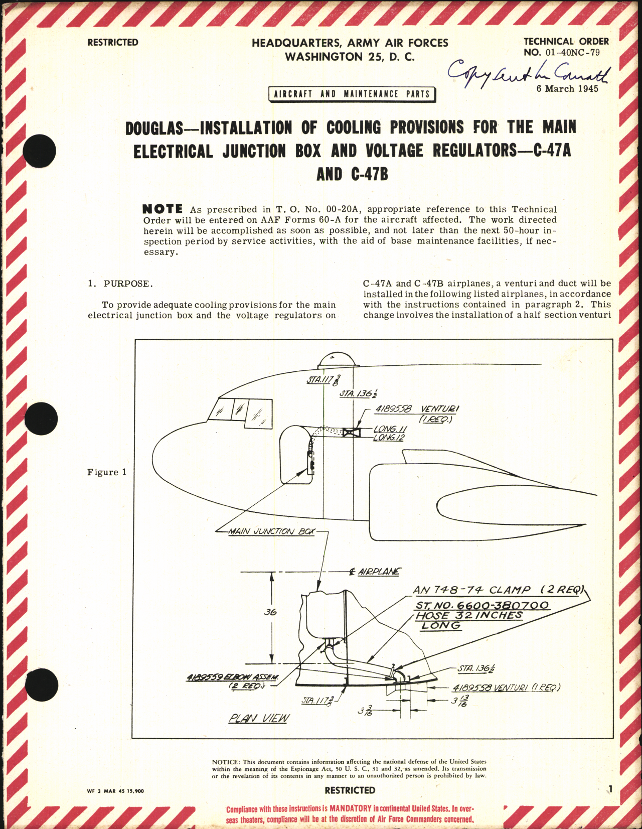 Sample page 1 from AirCorps Library document: Installation of Cooling Provisions for the Main Electrical Junction Box and Voltage Regulators