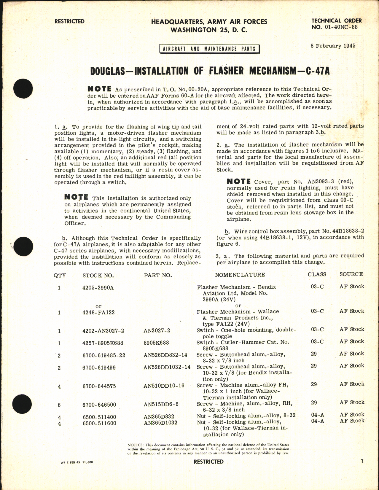 Sample page 1 from AirCorps Library document: Installation of Flasher Mechanism for C-47A