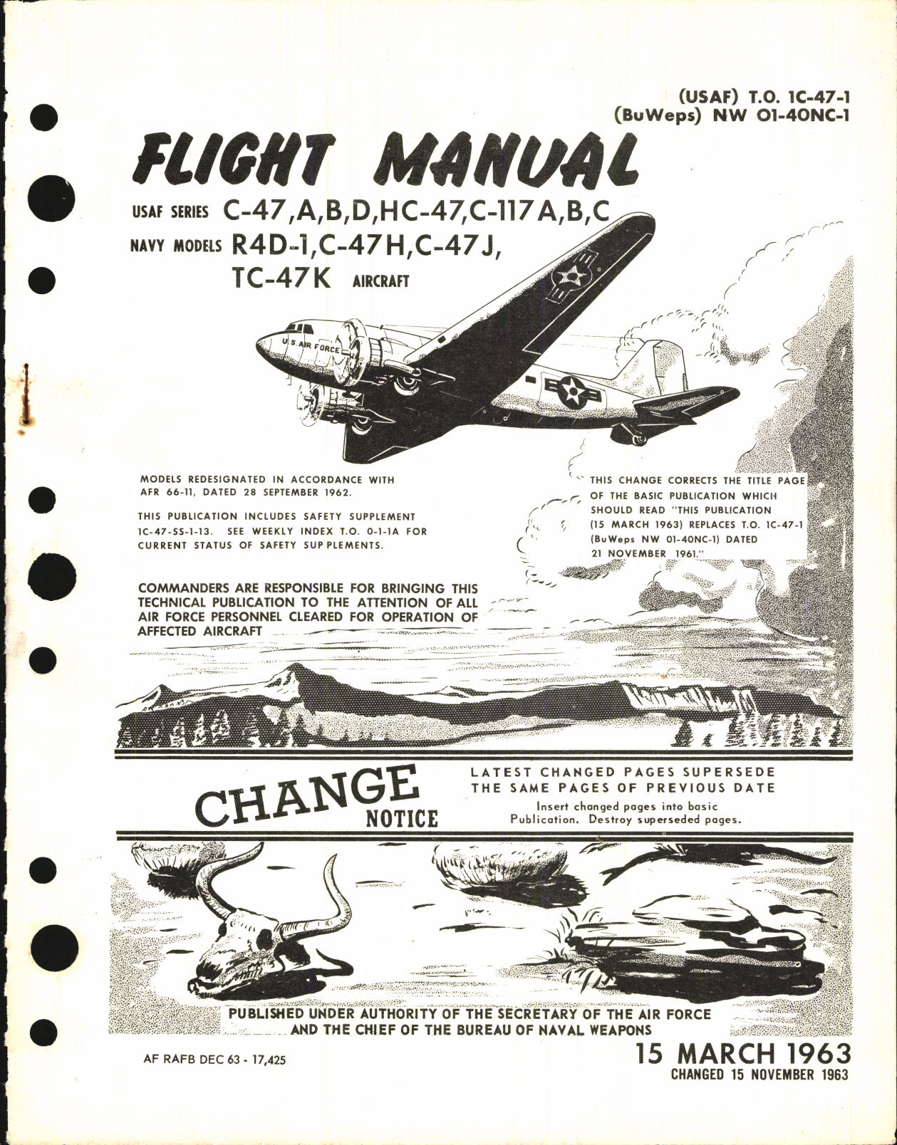 Sample page 1 from AirCorps Library document: Flight Manual for C-47, A, B, D, H, J, HC-47, C-117A, B, C, R4D-1, and TC-47K