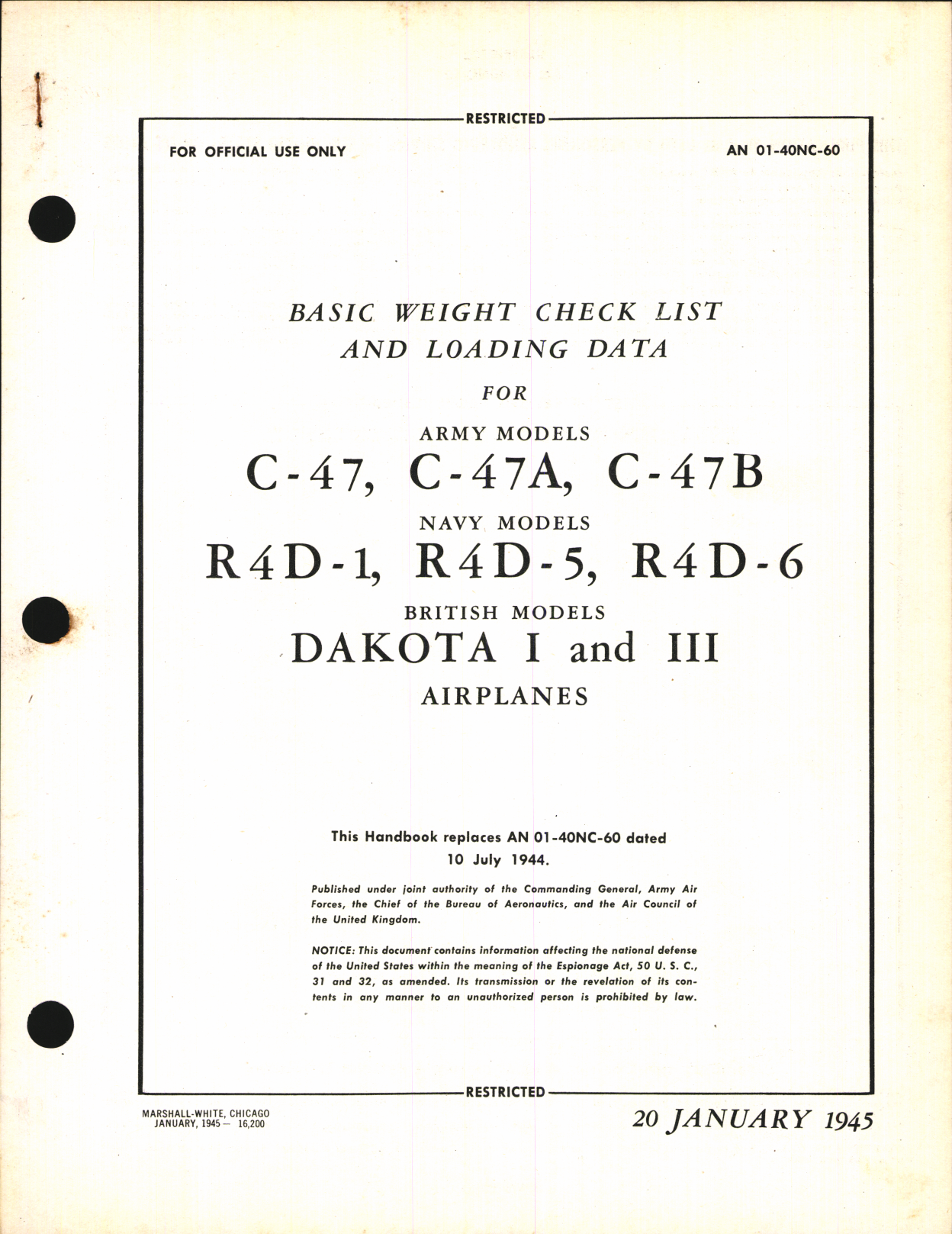 Sample page 1 from AirCorps Library document: Basic Weight Check List & Loading Data for C-47, C-47A, C-47B, R4D-1, R4D-5, and R4D-6