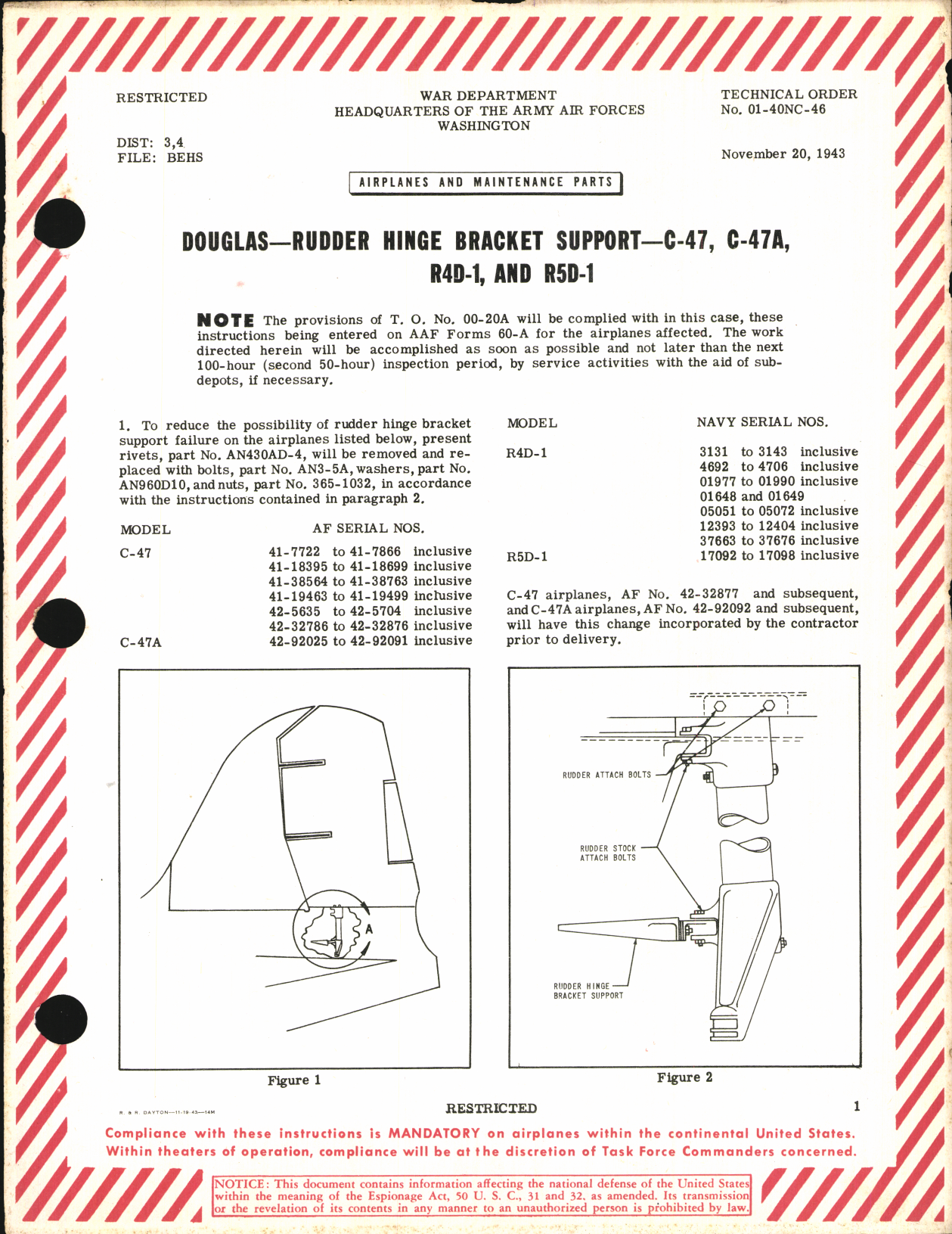 Sample page 1 from AirCorps Library document: Rudder Hinge Bracket Support for C-47, C-47A, R4D-1, and R5D-1
