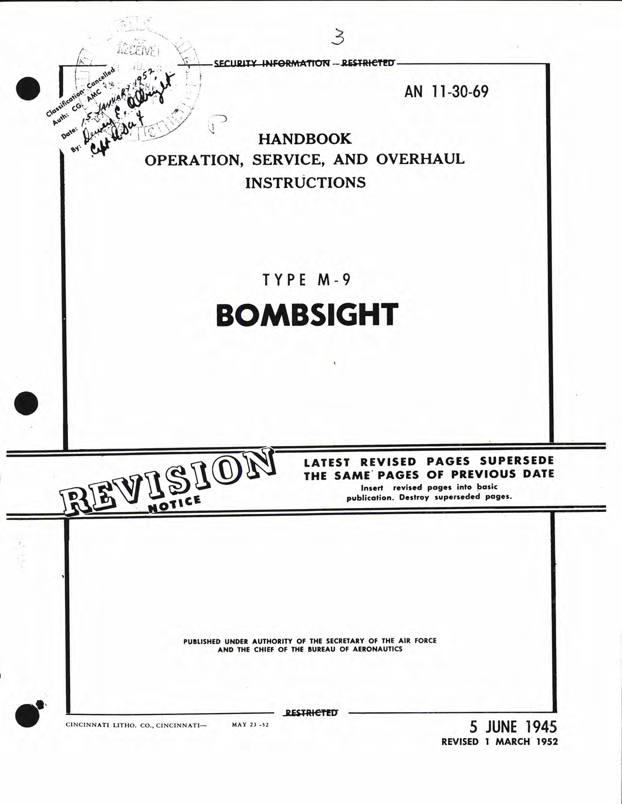 Sample page 1 from AirCorps Library document: Operation, Service, & Overhaul Instructions for Type M-9 Bombsight