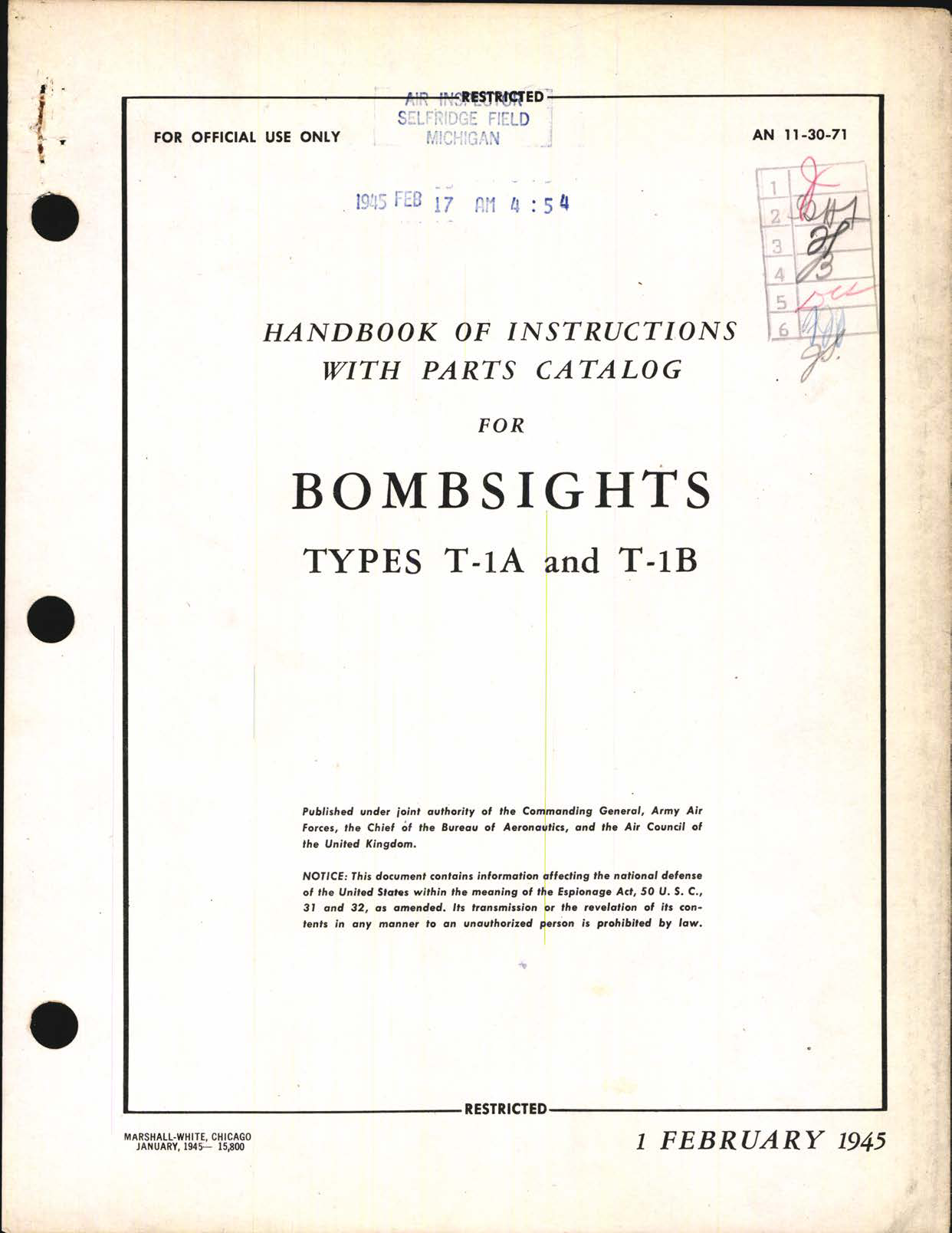 Sample page 1 from AirCorps Library document: Handbook of Instructions with Parts Catalog for Bombsights Types T-1A and T-1B