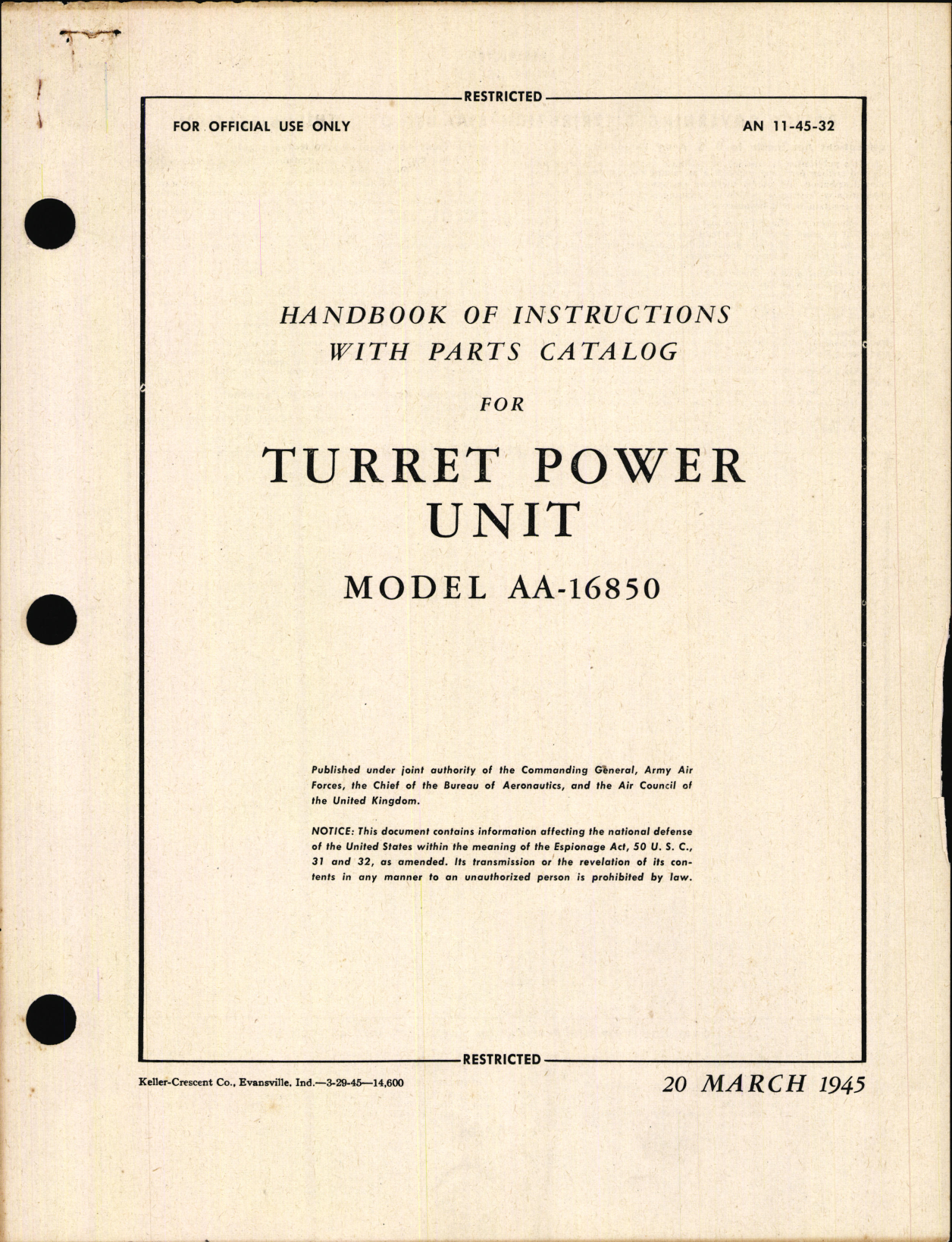 Sample page 1 from AirCorps Library document: Handbook of Instructions with Parts Catalog for Turret Power Unit Model AA-16850