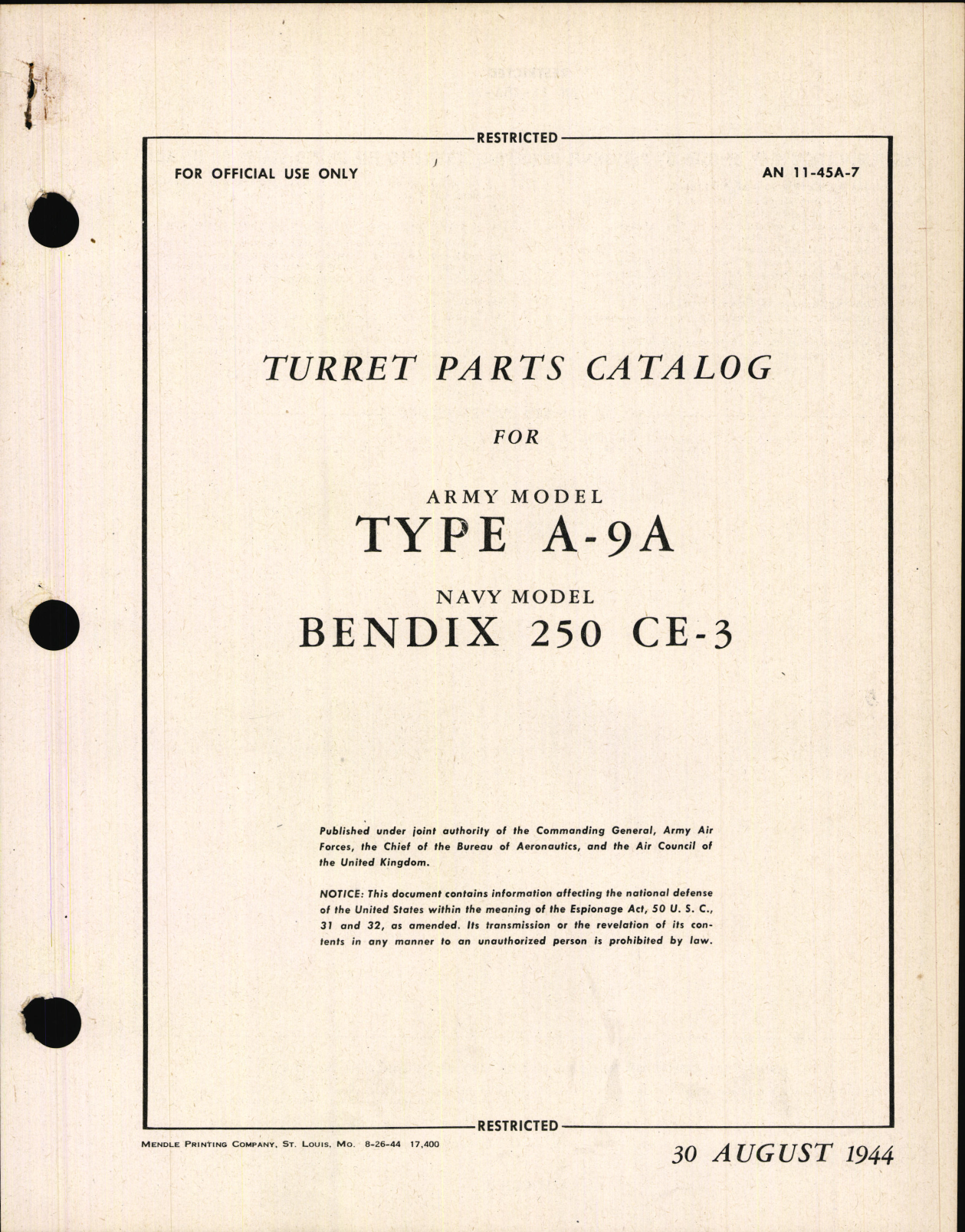 Sample page 1 from AirCorps Library document: Turret Parts Catalog for Type A-9A, Navy Model 250CE-3