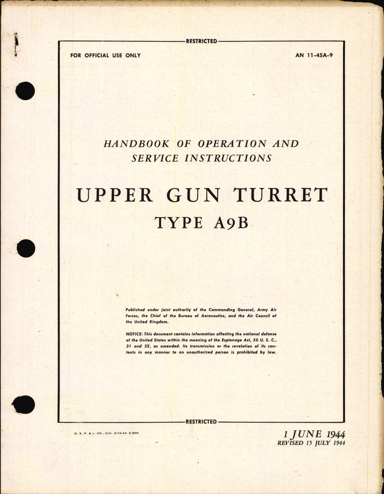 Sample page 1 from AirCorps Library document: Operation and Service Instructions for Upper Gun Turret Type A9B