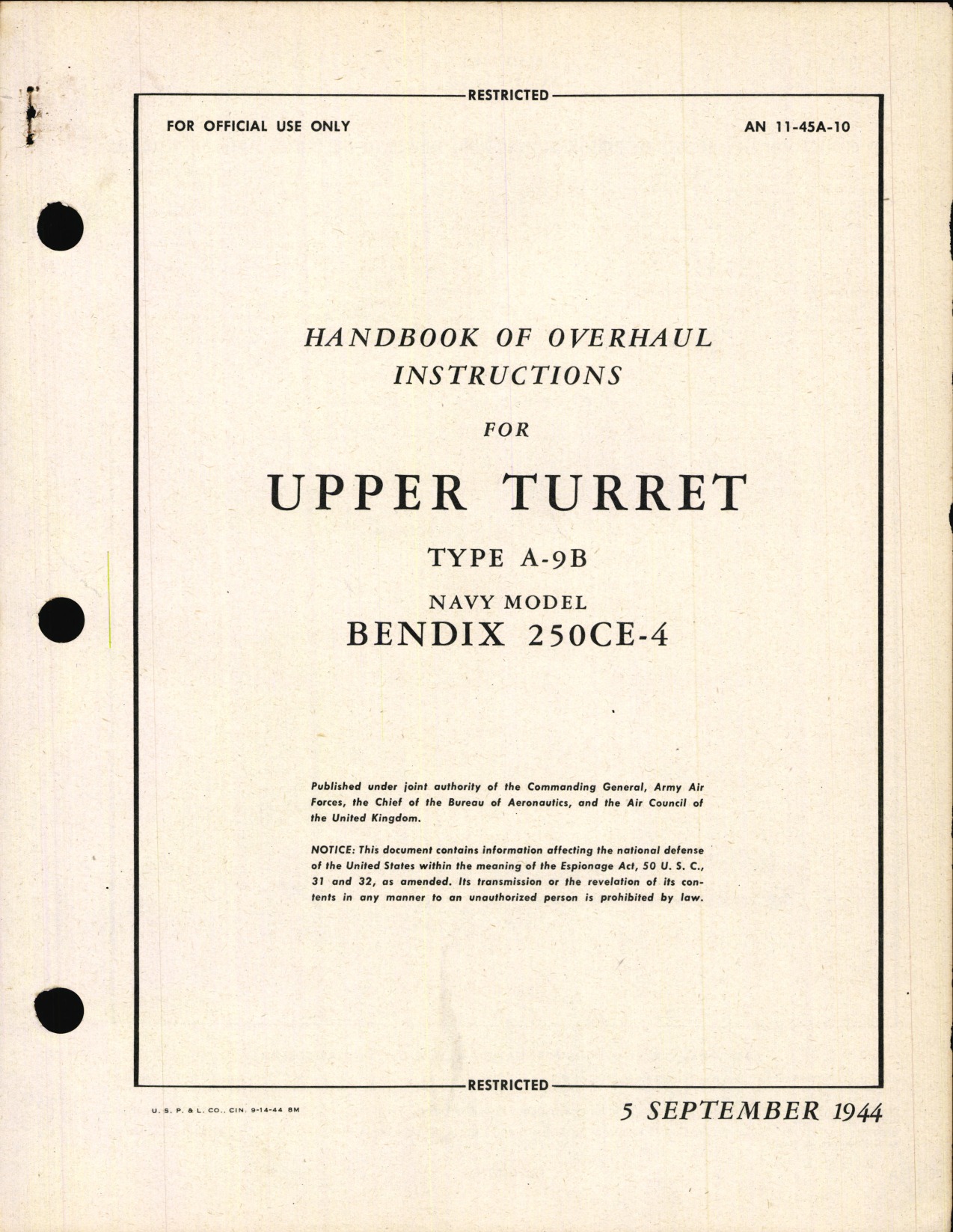 Sample page 1 from AirCorps Library document: Overhaul Instructions for Upper Turret Type A-9B, Navy Model 250CE-4