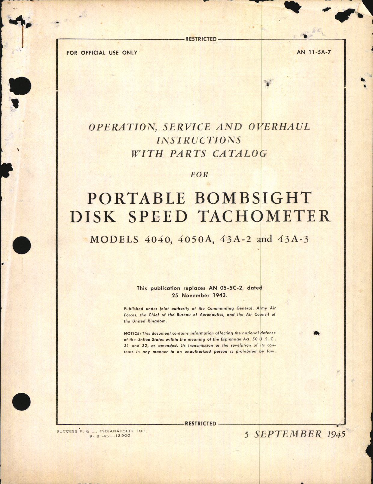 Sample page 1 from AirCorps Library document: Operation, Service, & Overhaul Instructions with Parts Catalog for Portable Bombsight Disk Speed Tachometer