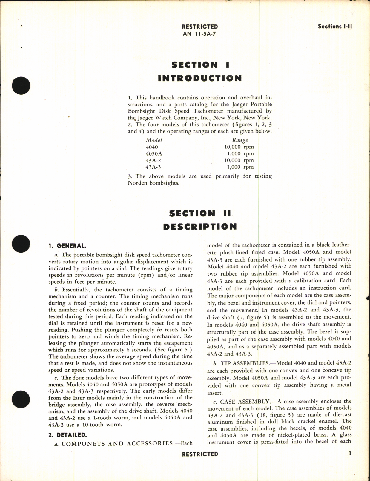 Sample page 5 from AirCorps Library document: Operation, Service, & Overhaul Instructions with Parts Catalog for Portable Bombsight Disk Speed Tachometer