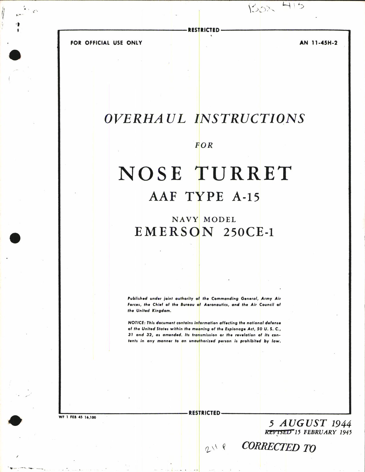 Sample page 1 from AirCorps Library document: Overhaul Instructions for Nose Turret AAF Type A-15, Navy Model 250CE-1