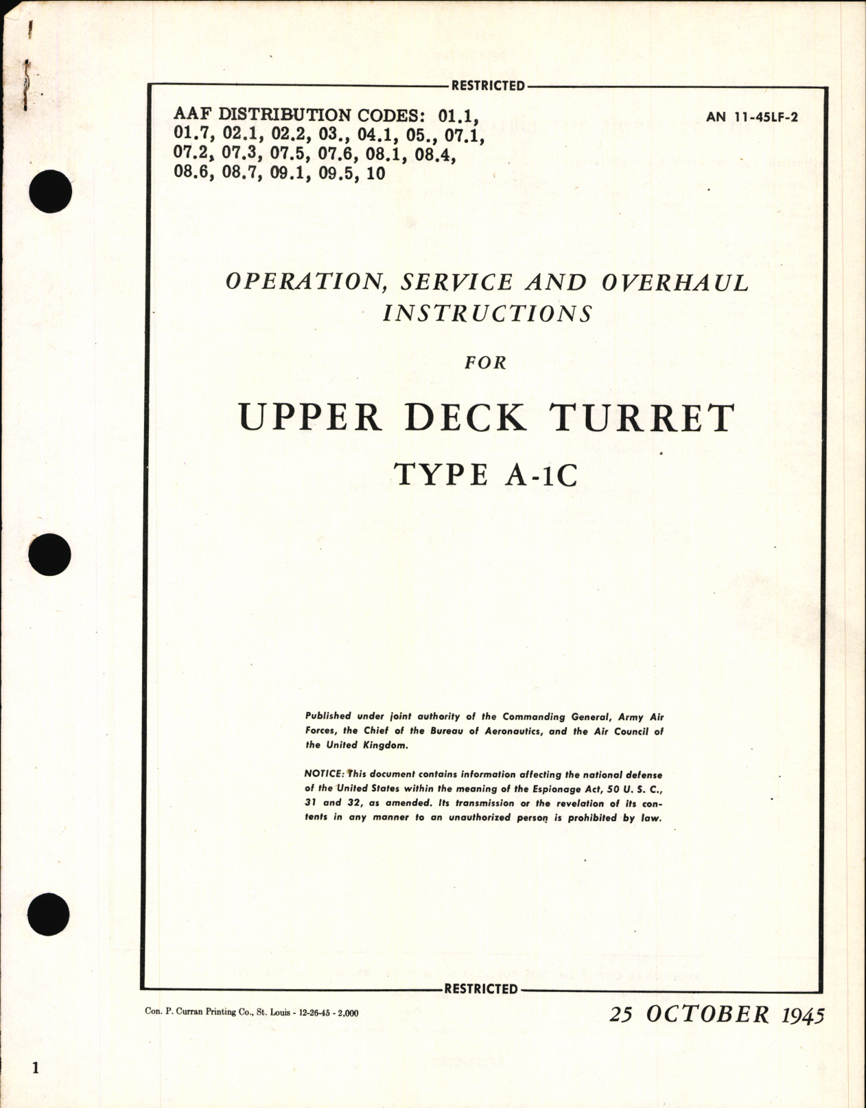 Sample page 1 from AirCorps Library document: Operation, Service, & Overhaul Instructions for Upper Deck Turret Type A-1C