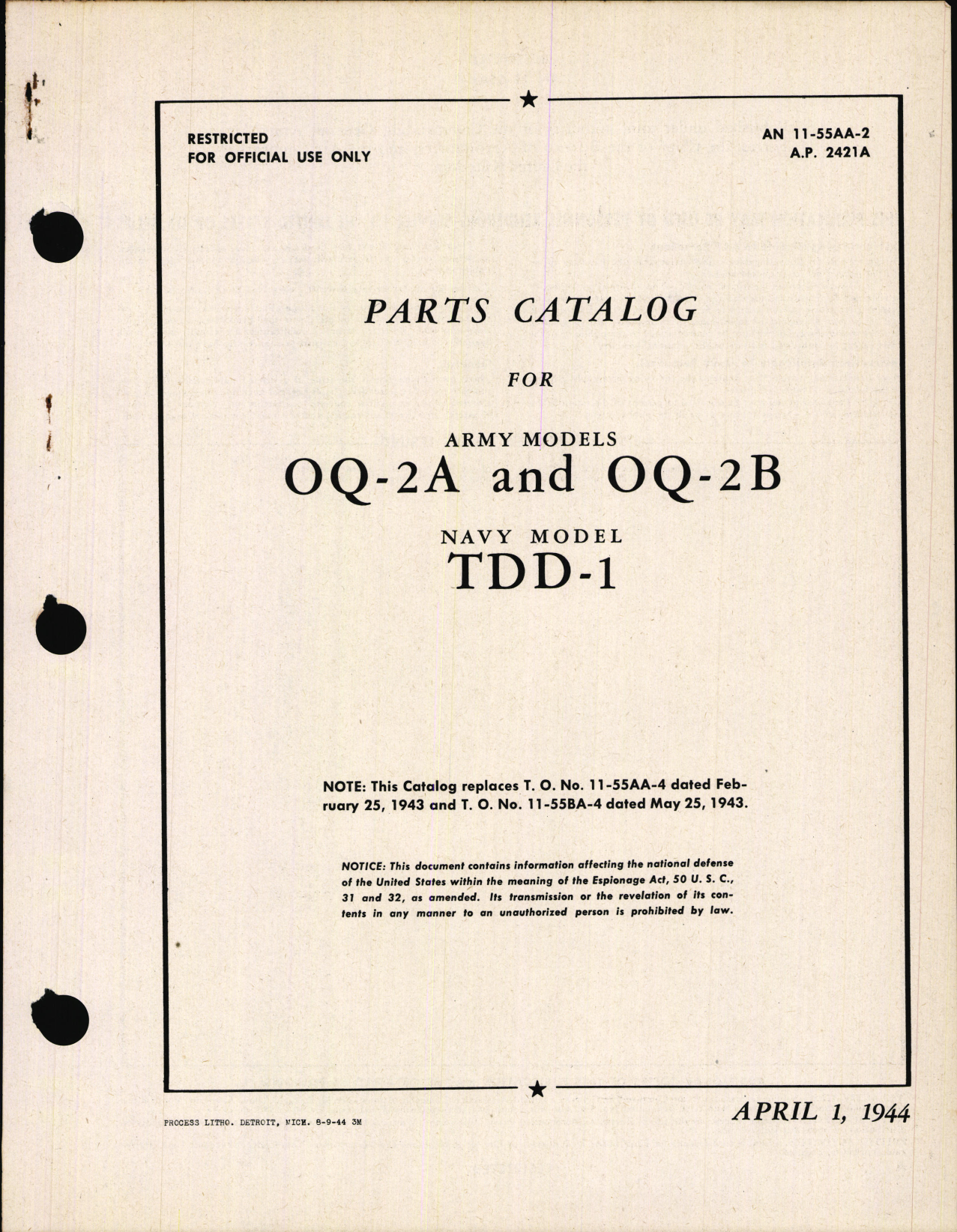 Sample page 1 from AirCorps Library document: Parts Catalog for Army Models OQ-2A, OQ-2B, and Navy Model TTD-1
