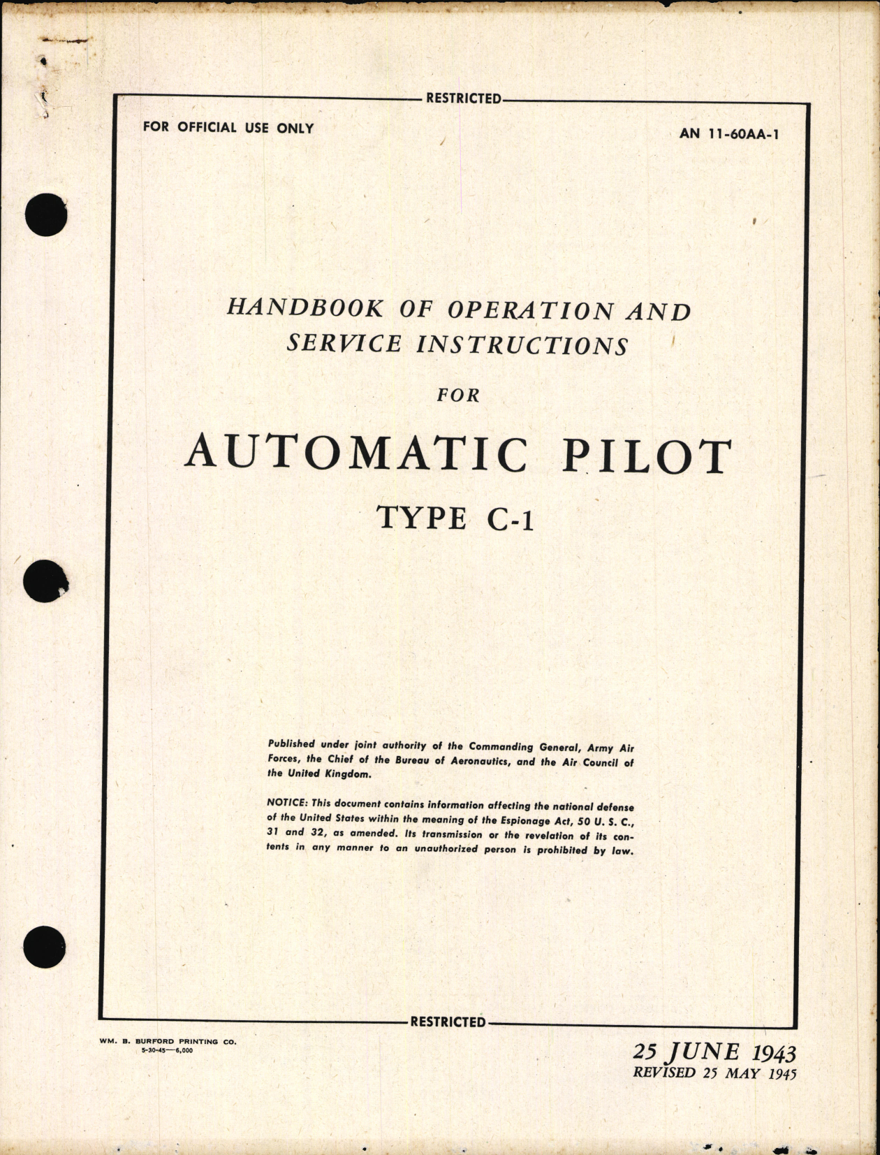 Sample page 1 from AirCorps Library document: Operation and Service Instructions for Automatic Pilot Type C-1