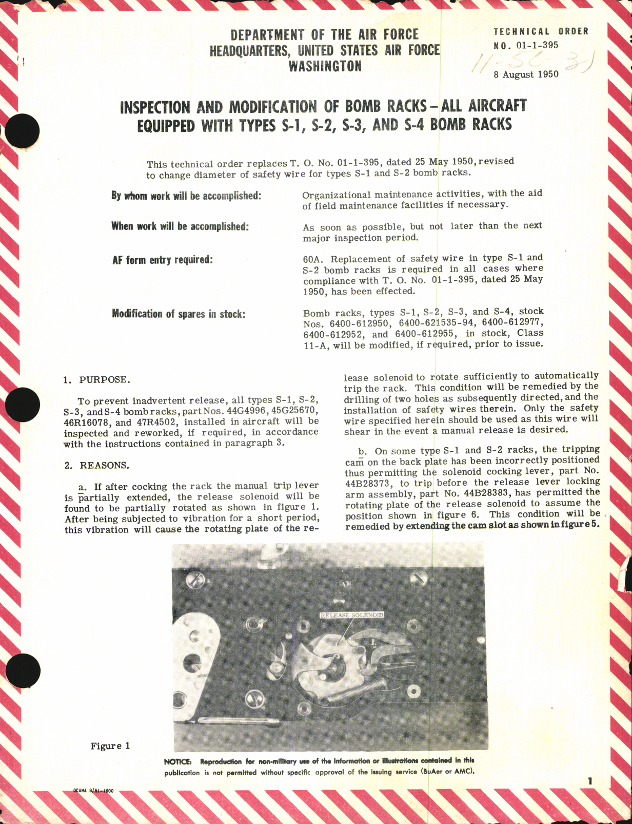 Sample page 1 from AirCorps Library document: Inspection and Modification of Bomb Racks for All Aircraft Equipped with Types S-1, S-2, S-3, & S-4 Bomb Racks