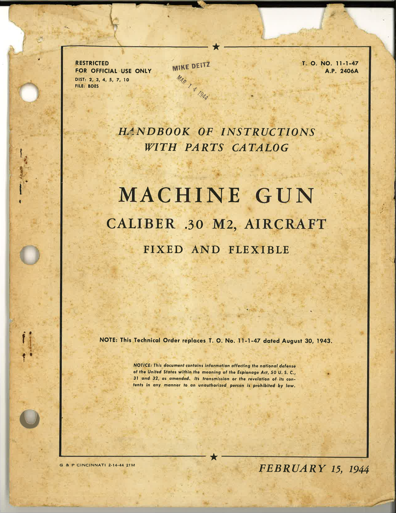 Sample page 1 from AirCorps Library document: Handbook of Instructions with Parts Catalog for Machine Gun Caliber .30 M2, Fixed and Flexible