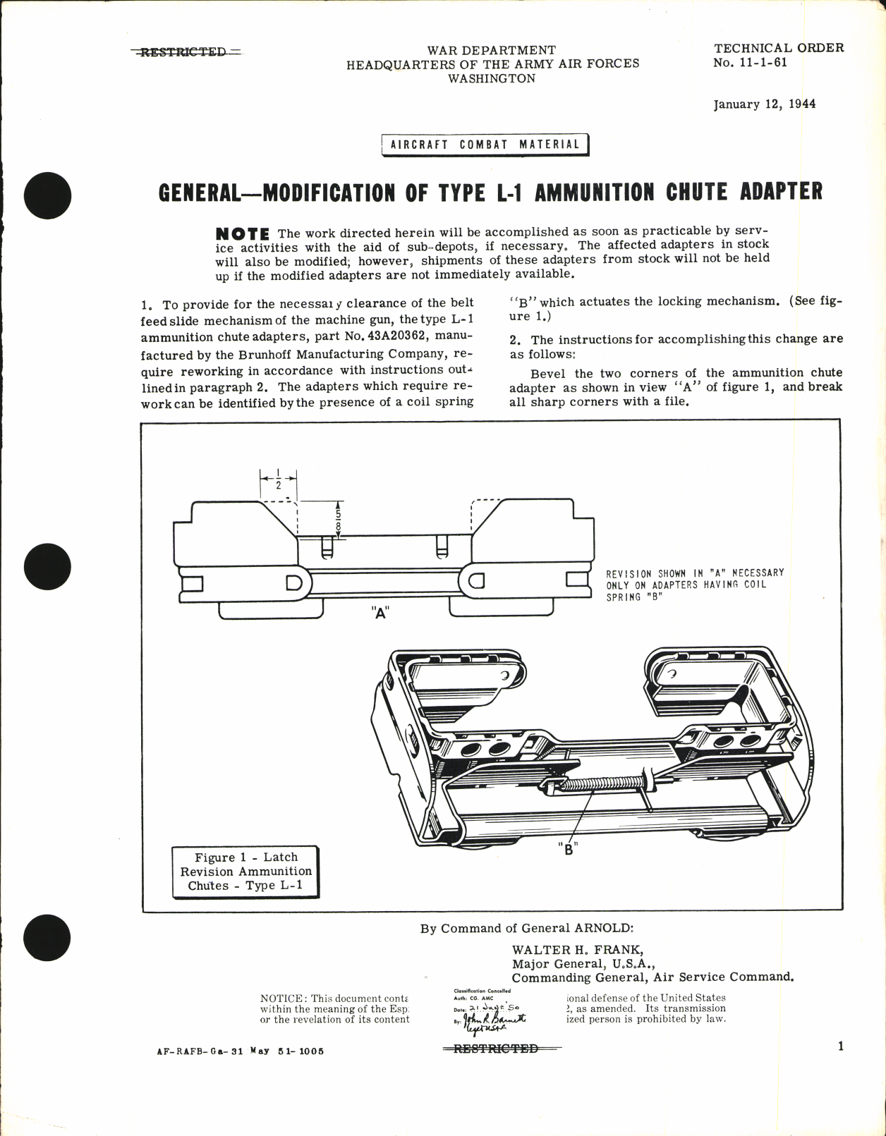 Sample page 1 from AirCorps Library document: Modification of Type L-1 Ammunition Chute Adapter