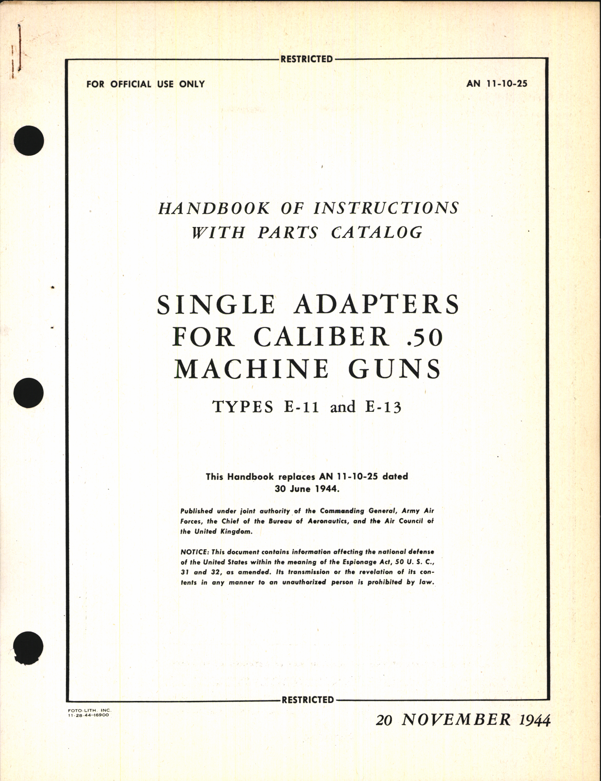 Sample page 1 from AirCorps Library document: Handbook of Instructions with Parts Catalog for Single Adapters for Caliber .50 Machine Guns