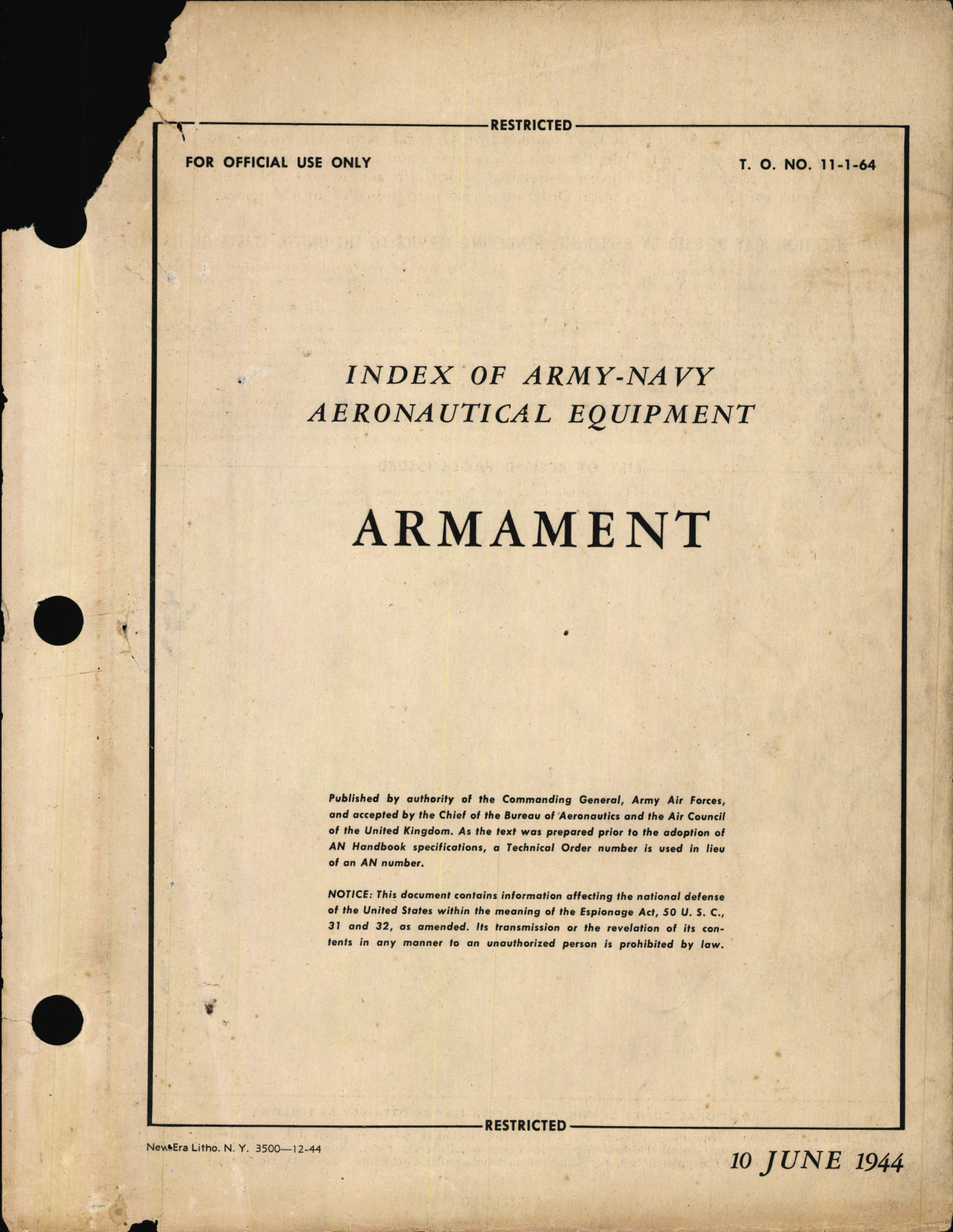 Sample page 1 from AirCorps Library document: Index of Army-Navy Aeronautical Equipment - Armament