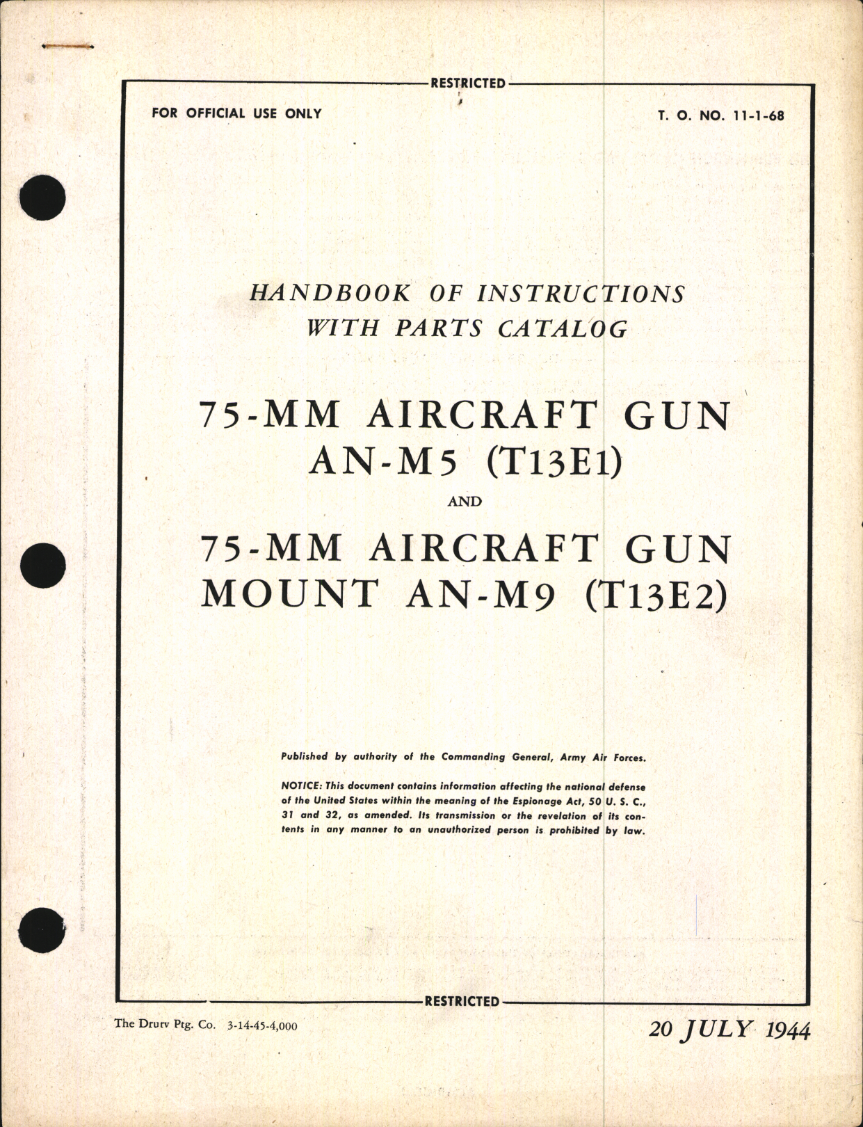 Sample page 1 from AirCorps Library document: Handbook of Instructions with Parts Catalog for 75-MM Aircraft Gun, AN-M5 (T13E1) and AN-M9 (T13E2)