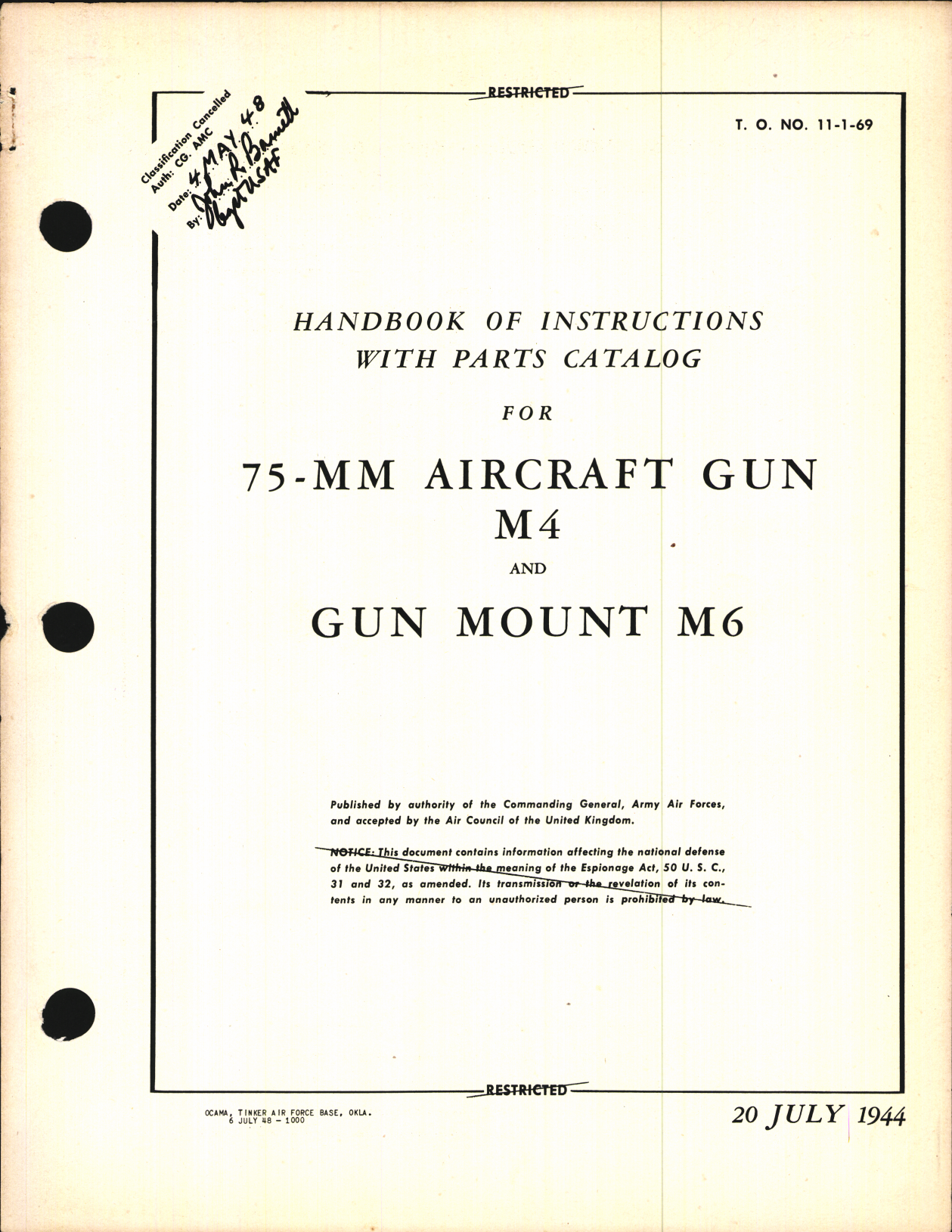 Sample page 1 from AirCorps Library document: Handbook of Instructions with Parts Catalog for 75-MM Aircraft Gun M-4 and Gun Mount M6