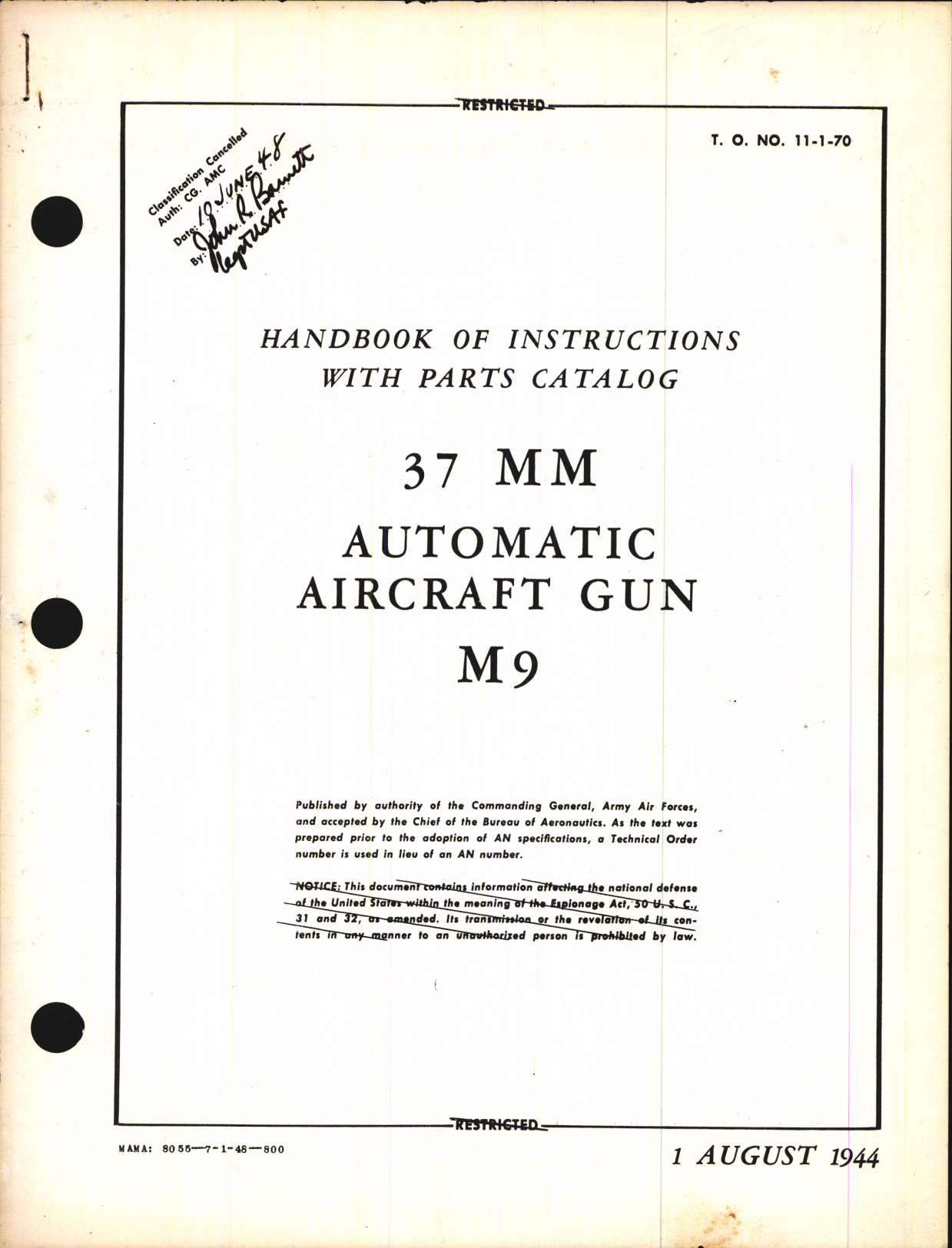 Sample page 1 from AirCorps Library document: Handbook of Instructions with Parts Catalog for 37 MM Automatic Aircraft Gun M9