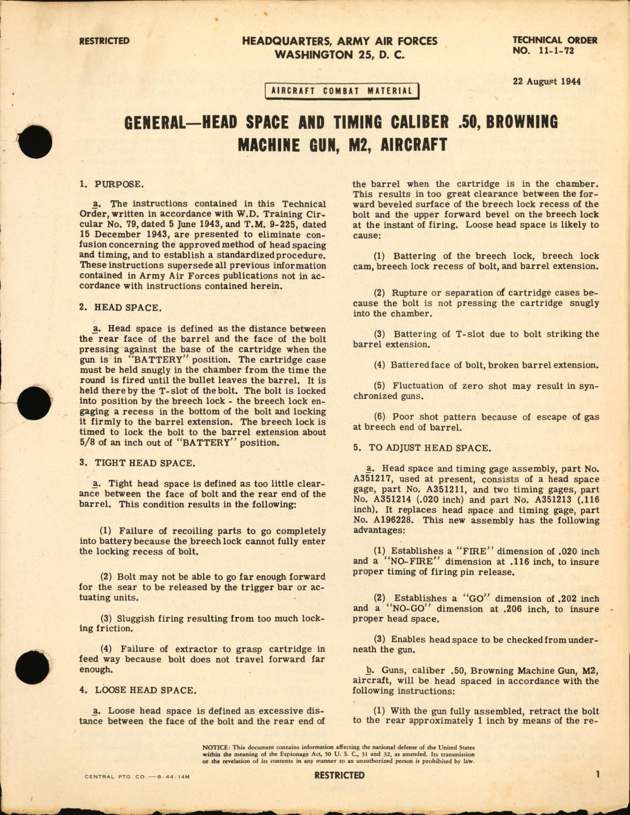 Sample page 1 from AirCorps Library document: Head Space and Timing Caliber .50 Browning Aircraft Machine Gun, M2