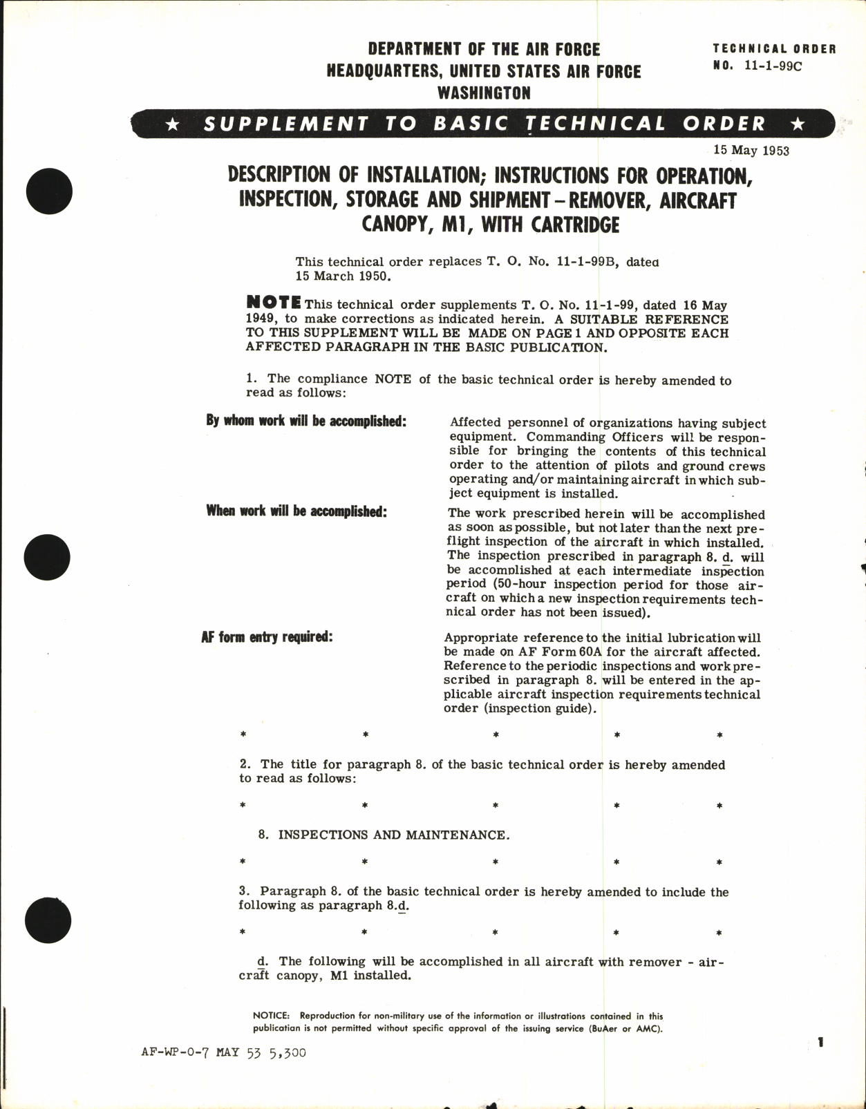 Sample page 1 from AirCorps Library document: Instructions for Operation, Inspection, Storage, & Shipment for Aircraft Canopy Remover M1 With Cartridge