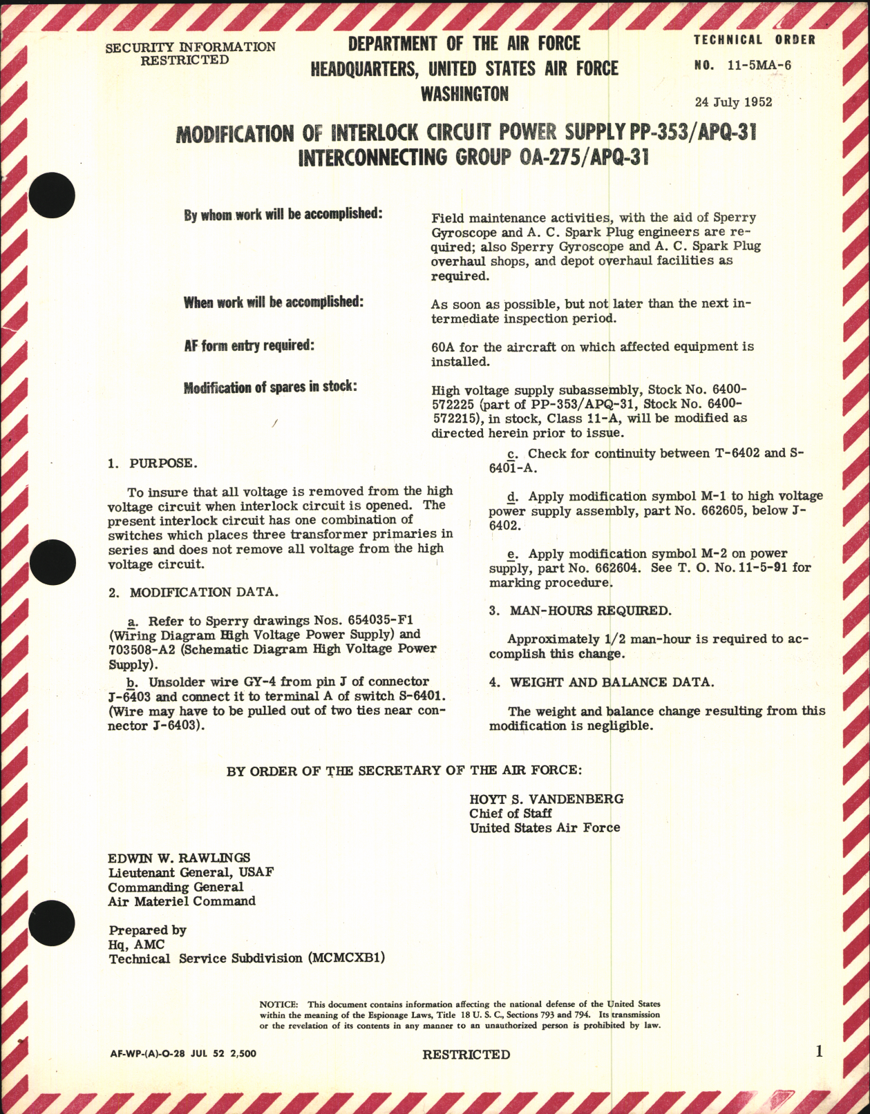 Sample page 1 from AirCorps Library document: Modification of Interlock Circuit Power Supply PP-353/APQ-31, Interlocking Group 0A-275/APQ-31