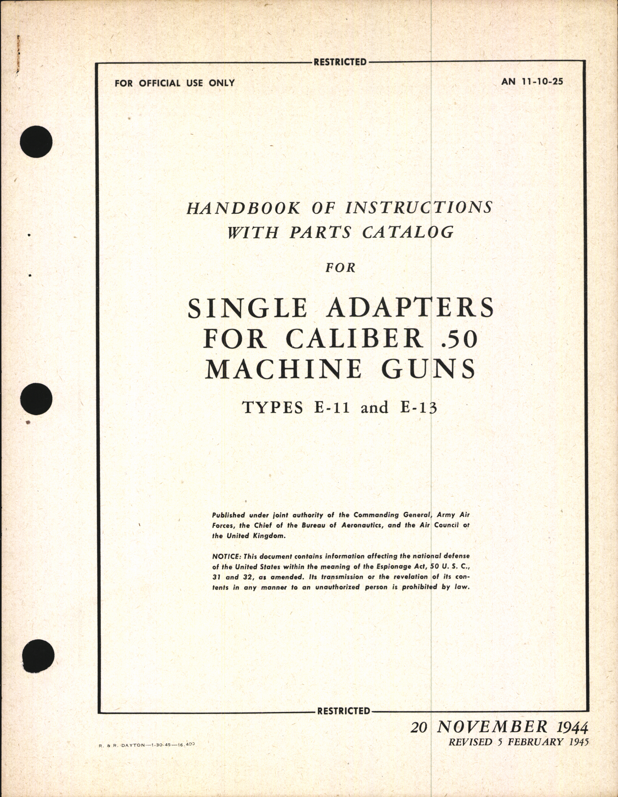 Sample page 1 from AirCorps Library document: Handbook of Instructions with Parts Catalog for Single Adapters for Caliber .50 Machine Guns