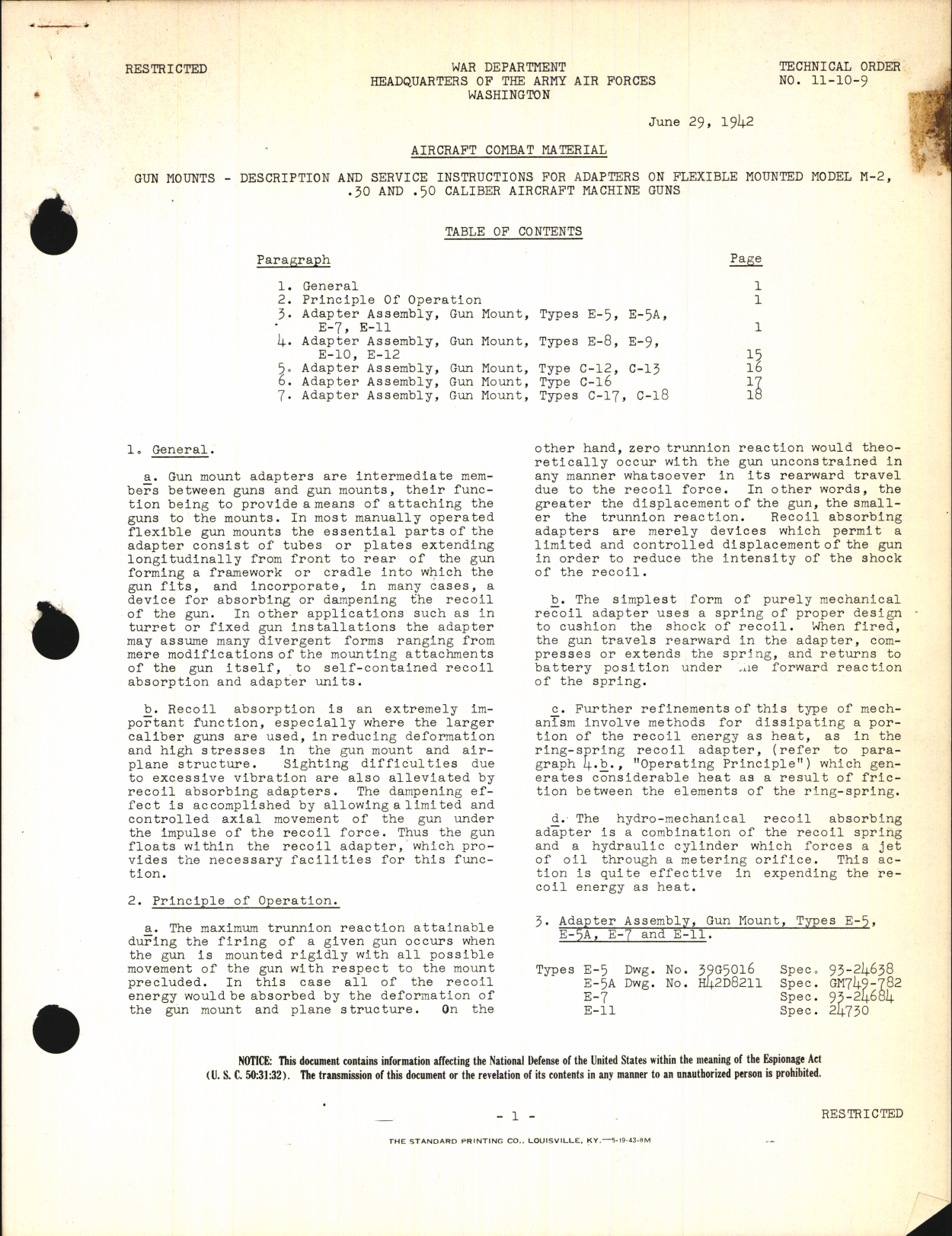 Sample page 1 from AirCorps Library document: Description and Service Instructions for Adapters on Flexible Mounted Model M-2 .30 & .50 Caliber Aircraft Machine Guns