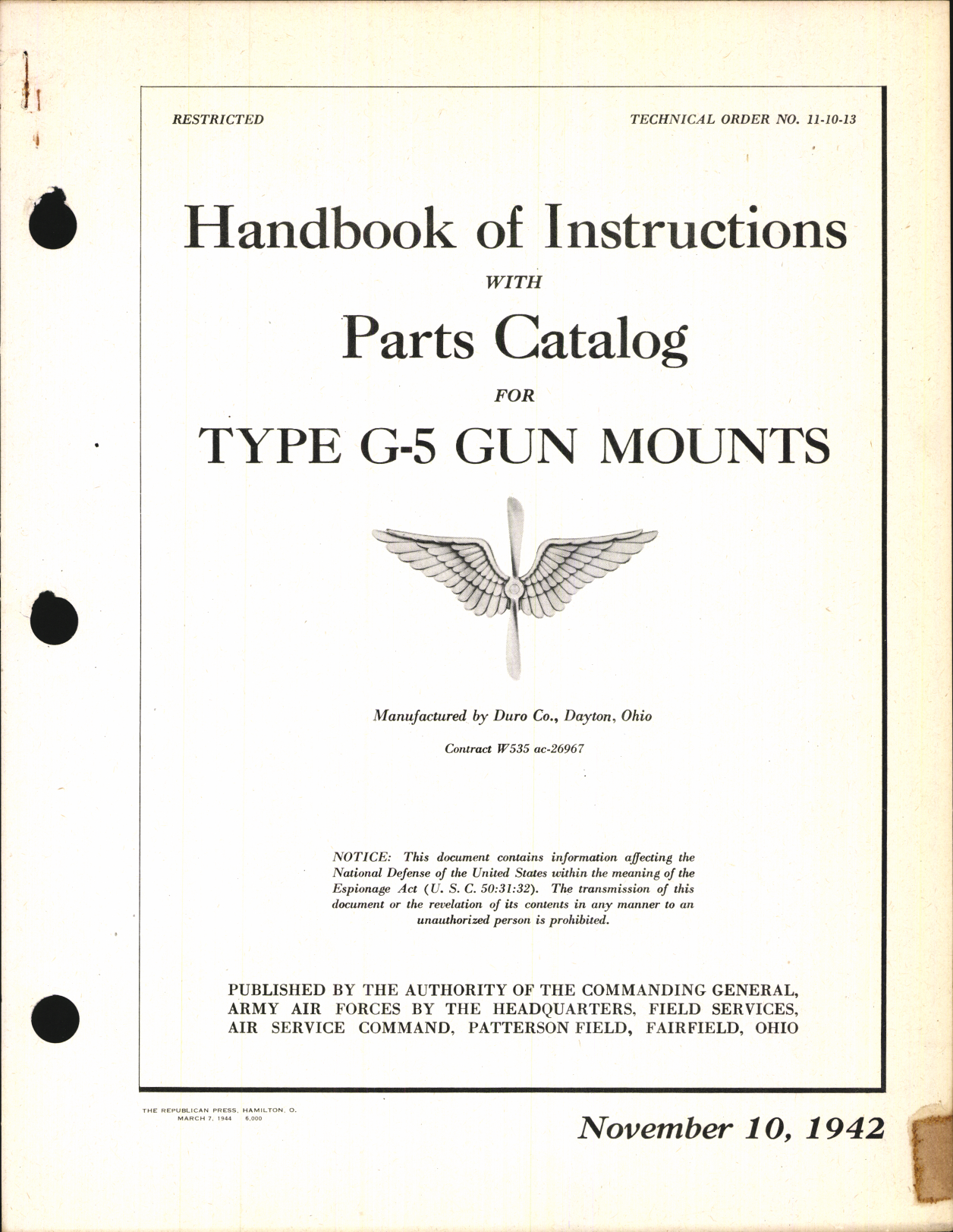 Sample page 1 from AirCorps Library document: Handbook of Instructions with Parts Catalog for Type G-5 Gun Mounts