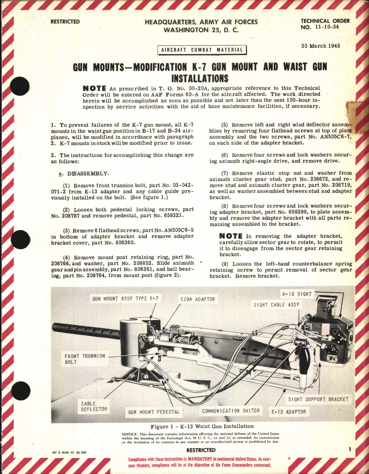 Sample page 1 from AirCorps Library document: Modification of K-7 Gun Mount and Waist Gun Installations