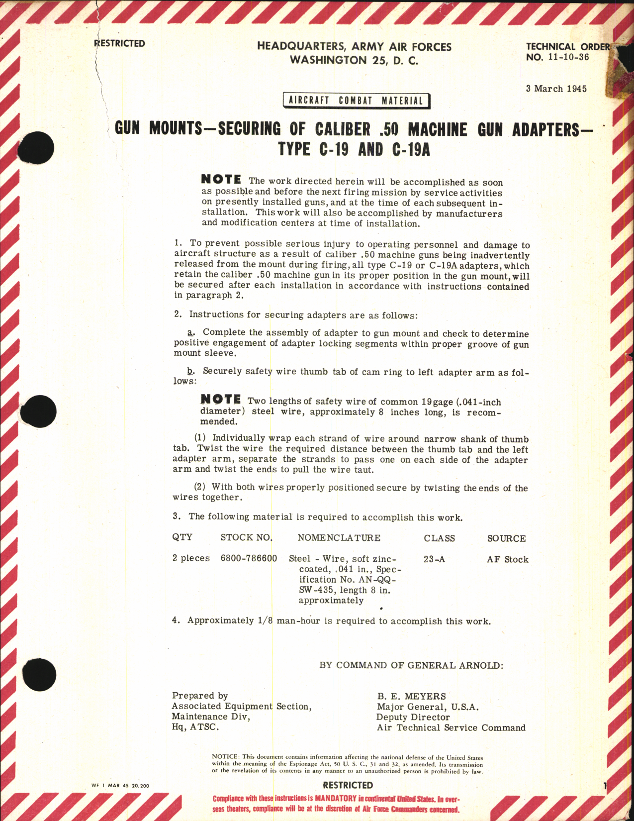 Sample page 1 from AirCorps Library document: Securing Caliber .50 Machine Gun Adapters for Type C-19 and C-19A Gun Mounts