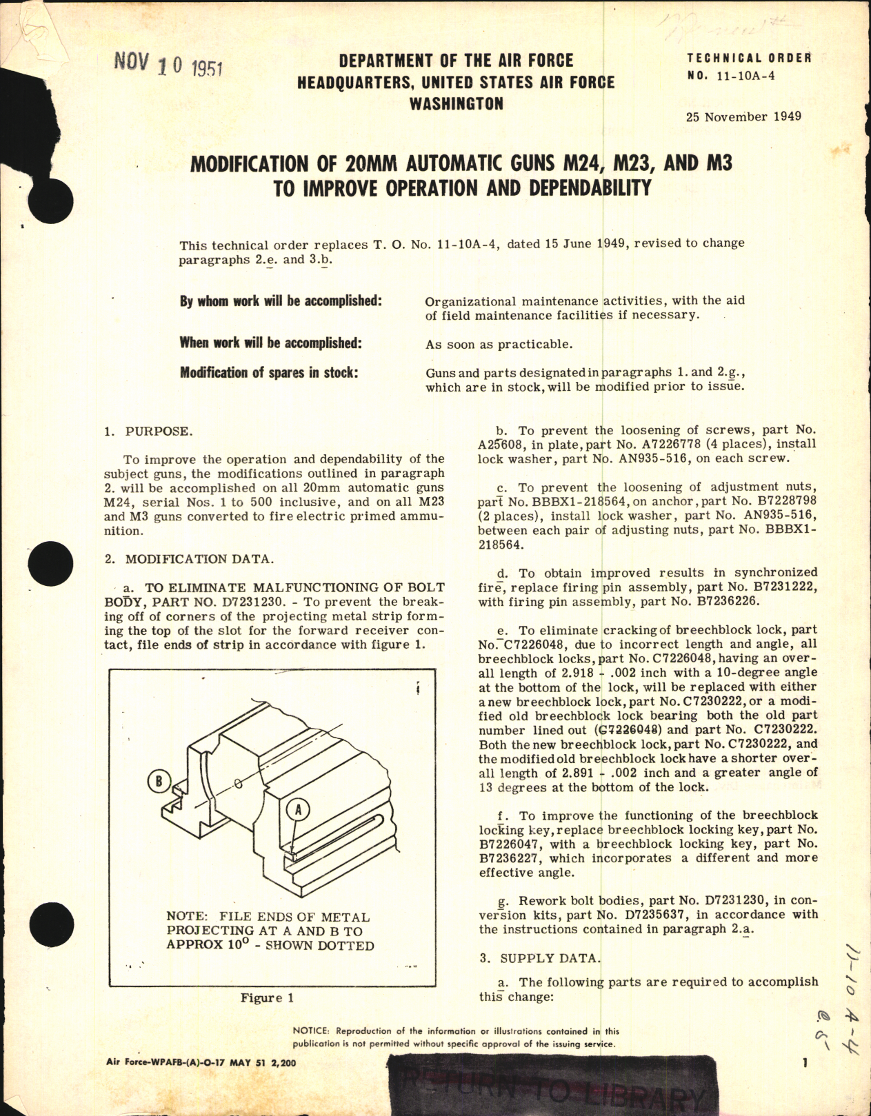 Sample page 1 from AirCorps Library document: Modification of 20MM Automatic Guns M24, M23, And M3 To Improve Operation & Dependability
