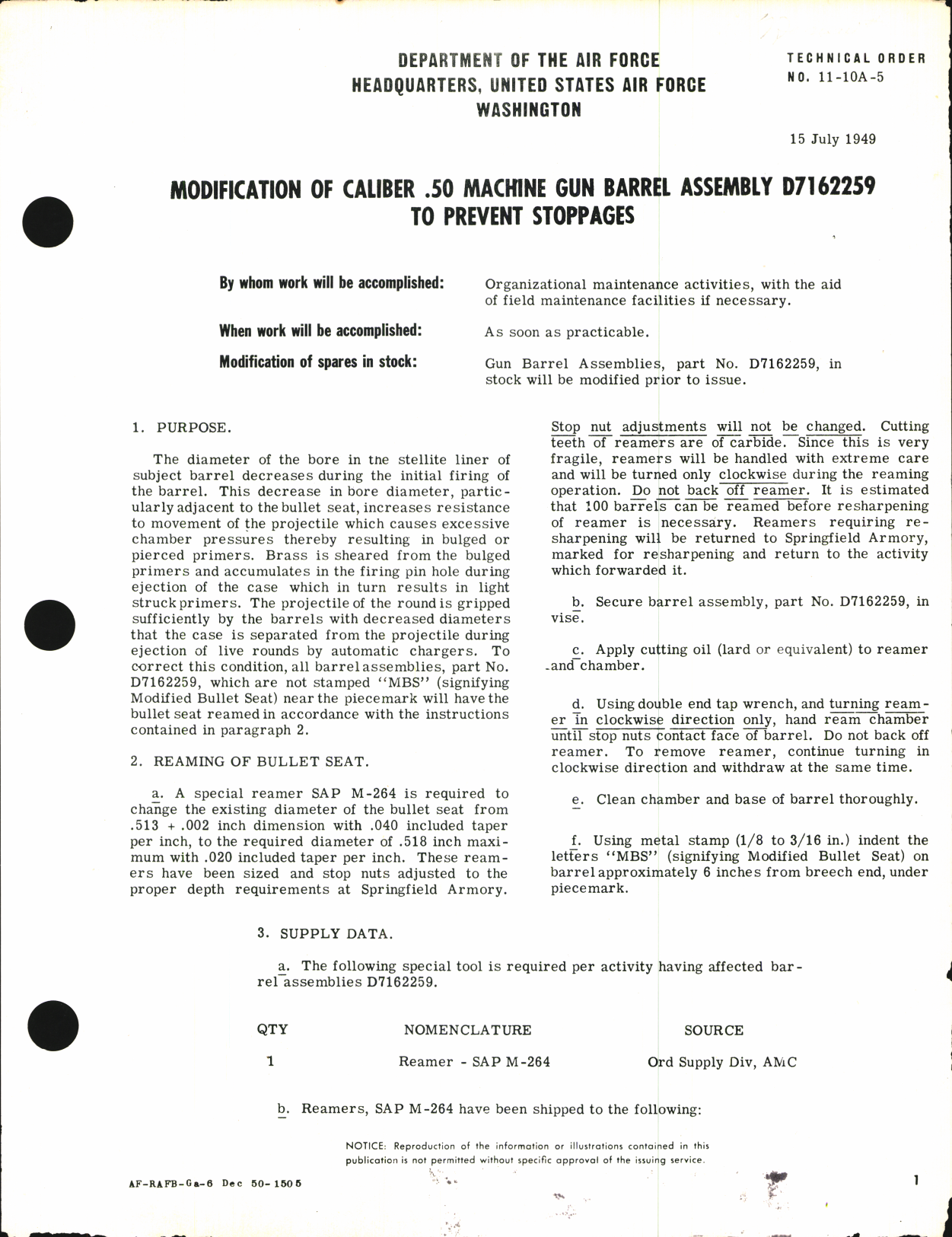 Sample page 1 from AirCorps Library document: Modification of Caliber .50 Gun Barrel Assembly D7162259 to Prevent Stoppages