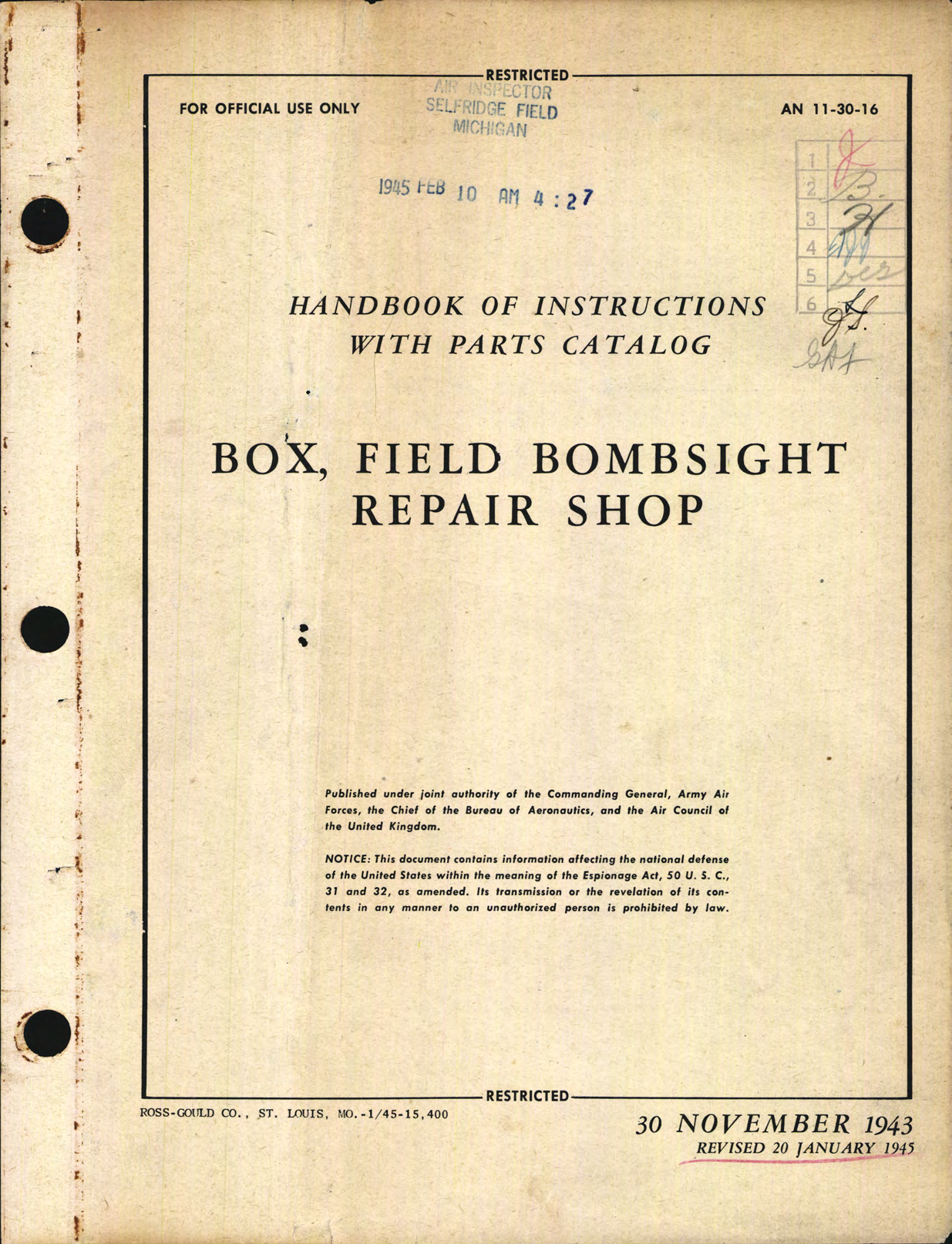 Sample page 1 from AirCorps Library document: Handbook of Instructions with Parts Catalog for Field Bombsight Repair Shop Box