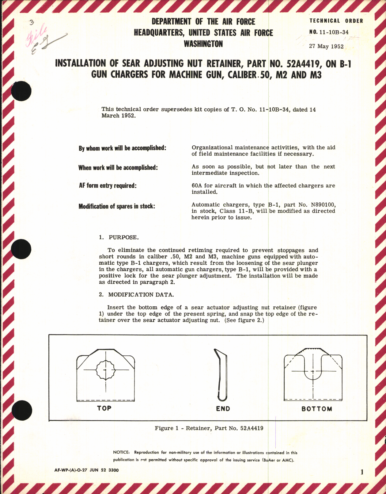 Sample page 1 from AirCorps Library document: Installation of Sear Adjusting Nut Retainer for Caliber .50, M2 and M3 on B-1 Gun Chargers for Machine Gun