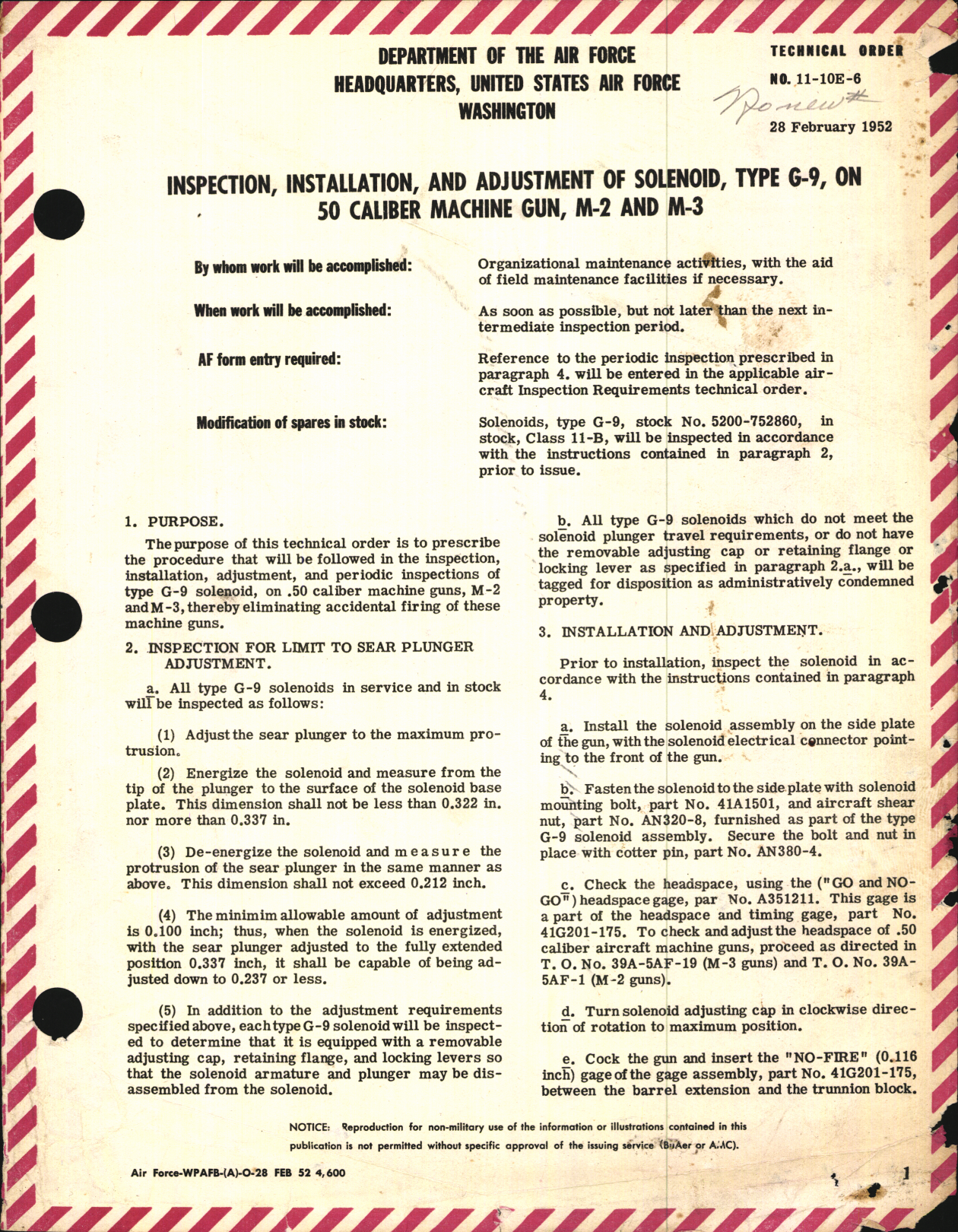 Sample page 1 from AirCorps Library document: Inspection, Installation, & Adjustment of Solenoid Type G-9 on 50 Caliber Machine Gun M-2 and M-3