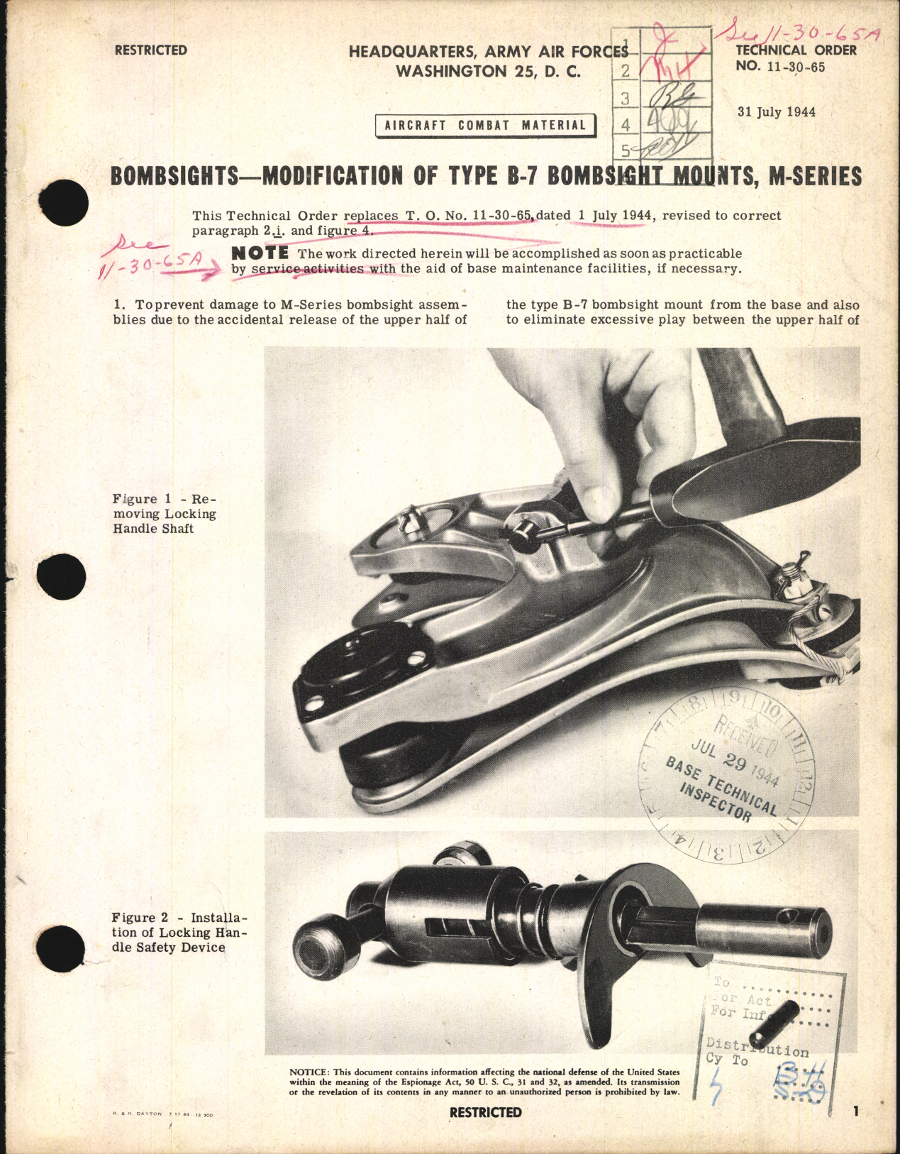 Sample page 1 from AirCorps Library document: Modification of Type B-7 Bombsight Mounts, M-Series