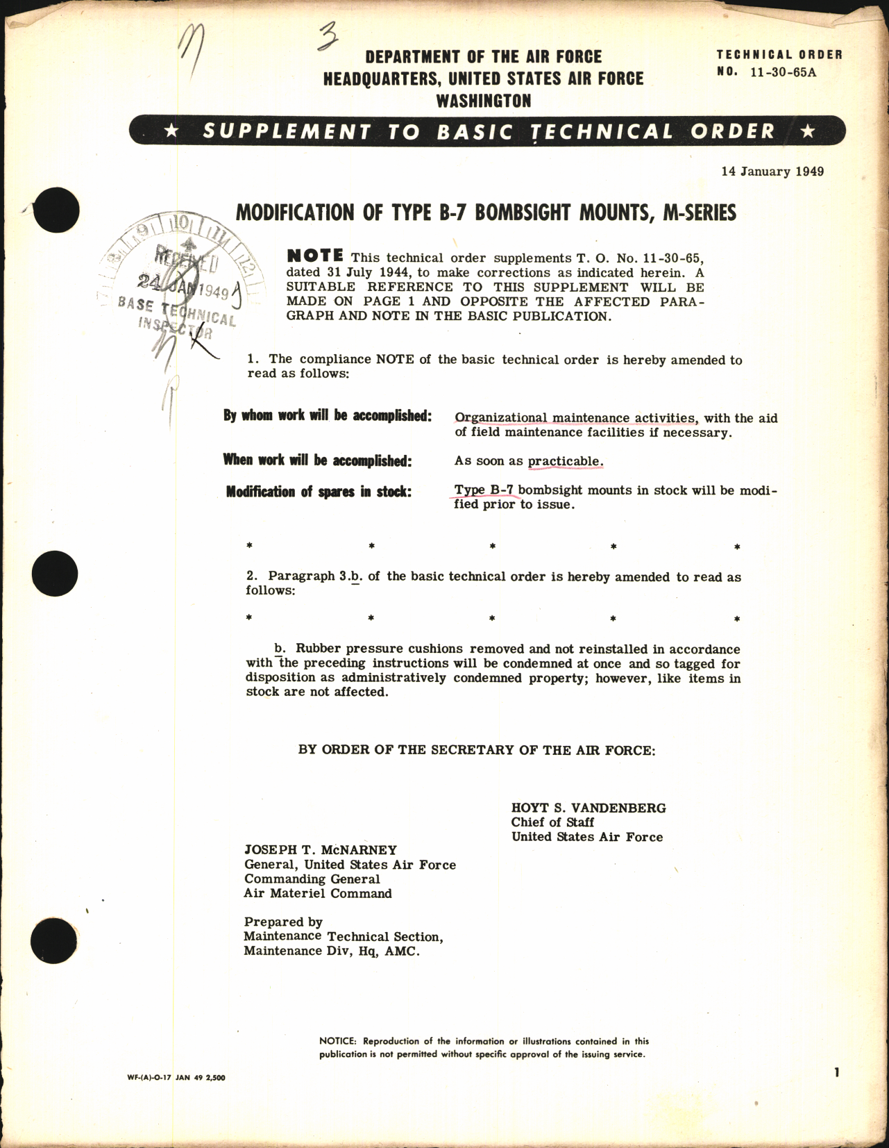 Sample page 1 from AirCorps Library document: Modification of Type B-7 Bombsight Mounts, M-Series