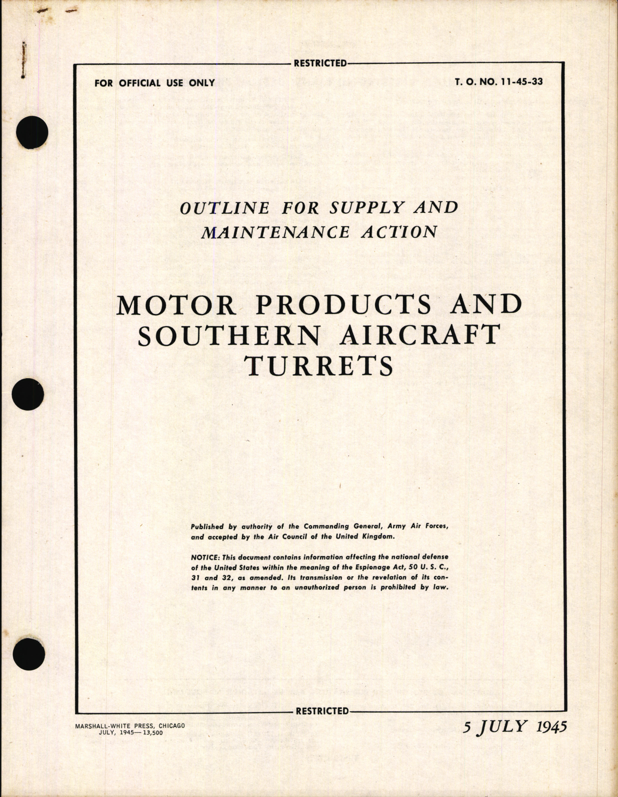 Sample page 1 from AirCorps Library document: Outline for Supply and Maintenance Action for Motor Products and Southern Aircraft Turrets