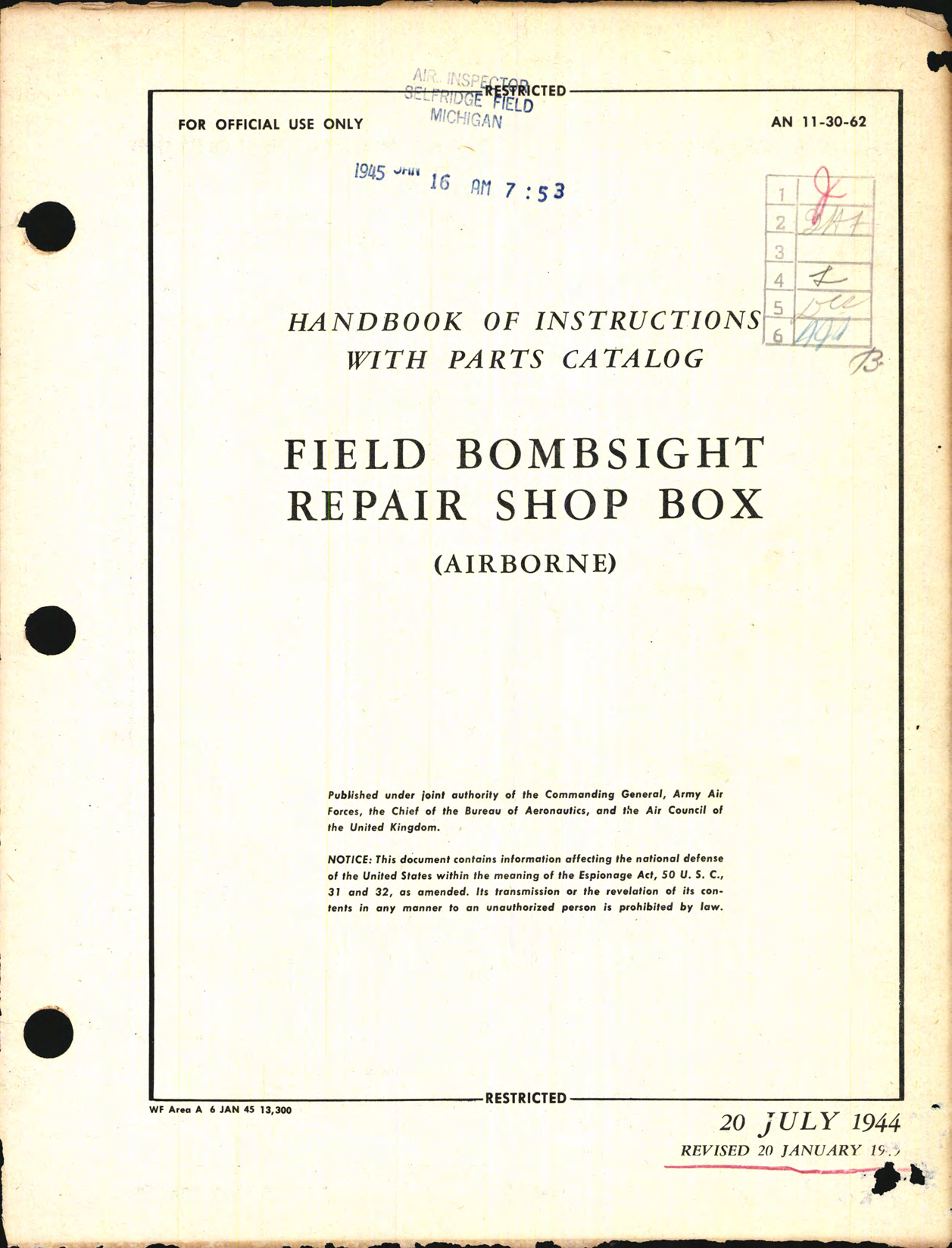 Sample page 1 from AirCorps Library document: Handbook of Instructions with Parts Catalog for Field Bombsight Repair Shop Box