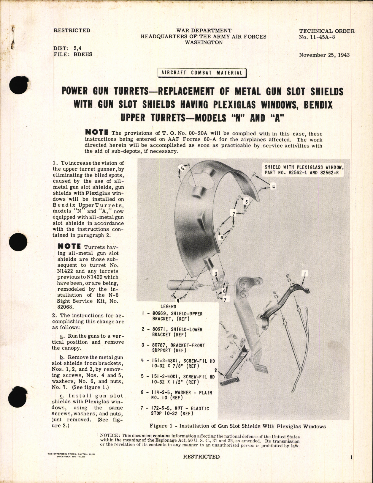 Sample page 1 from AirCorps Library document: Replacement of Metal Gun Slot Shields with Gun Slot Shields Having Plexiglas Windows