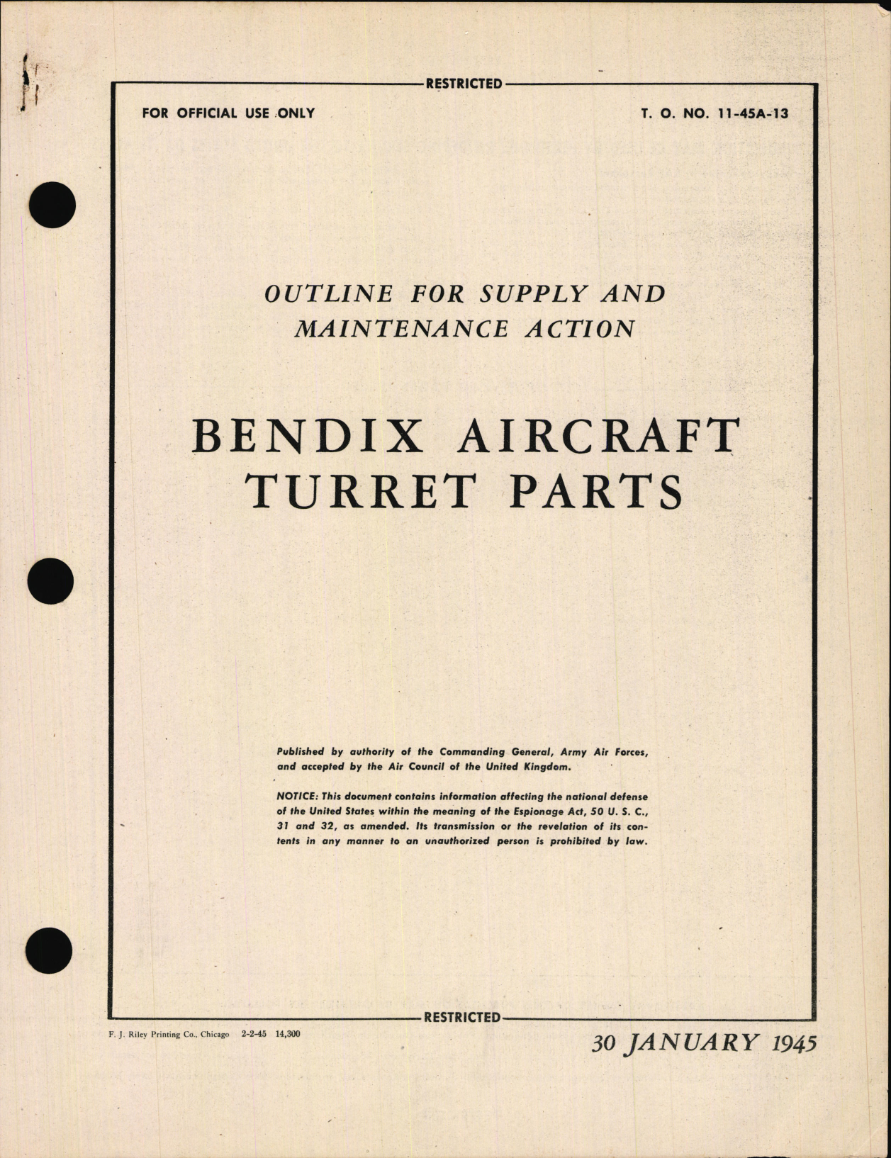 Sample page 1 from AirCorps Library document: Outline for Supply and Maintenance Action for Bendix Aircraft Turret Parts