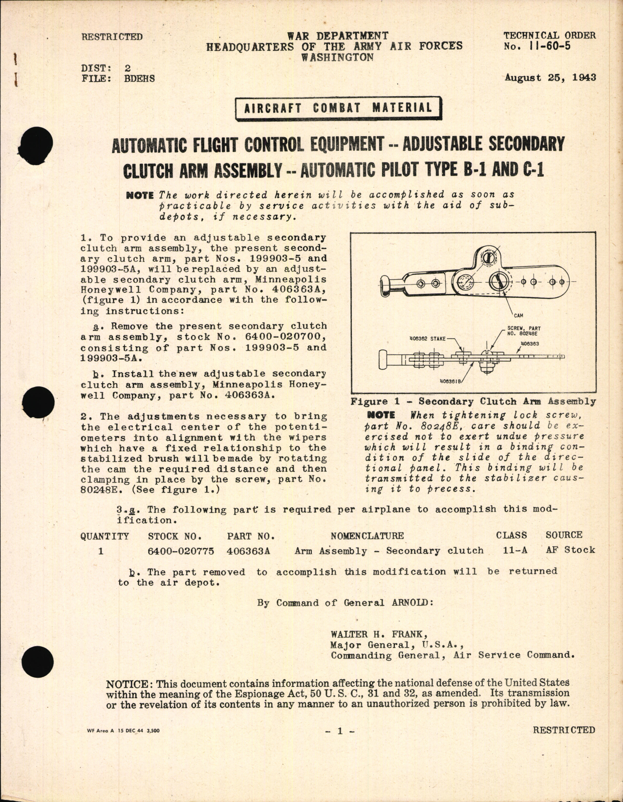 Sample page 1 from AirCorps Library document: Adjustable Secondary Clutch Arm Assembly for Automatic Pilot Type B-1 and C-1
