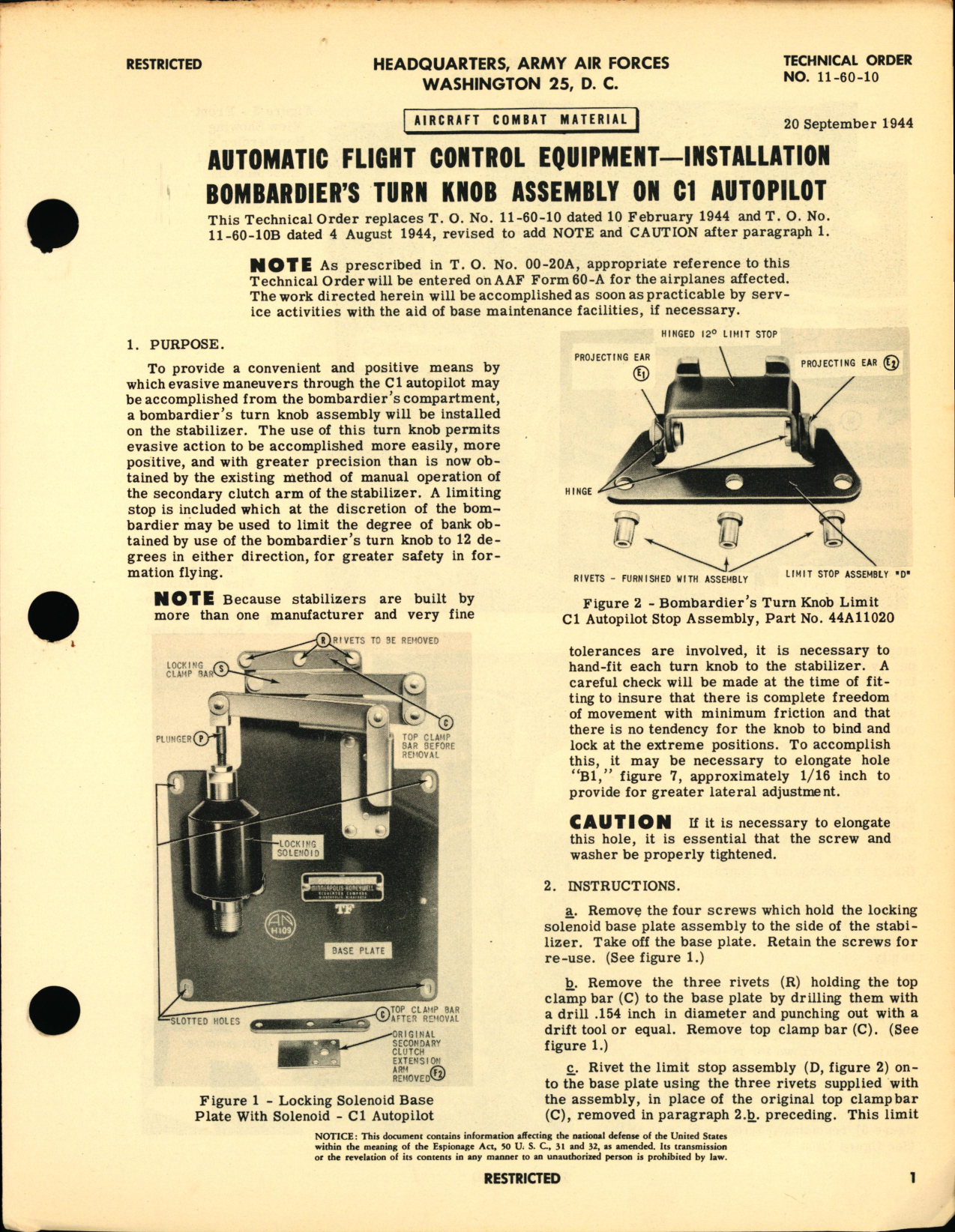 Sample page 1 from AirCorps Library document: Installation of Bombardier's Turn Knob Assembly on C1 Autopilot