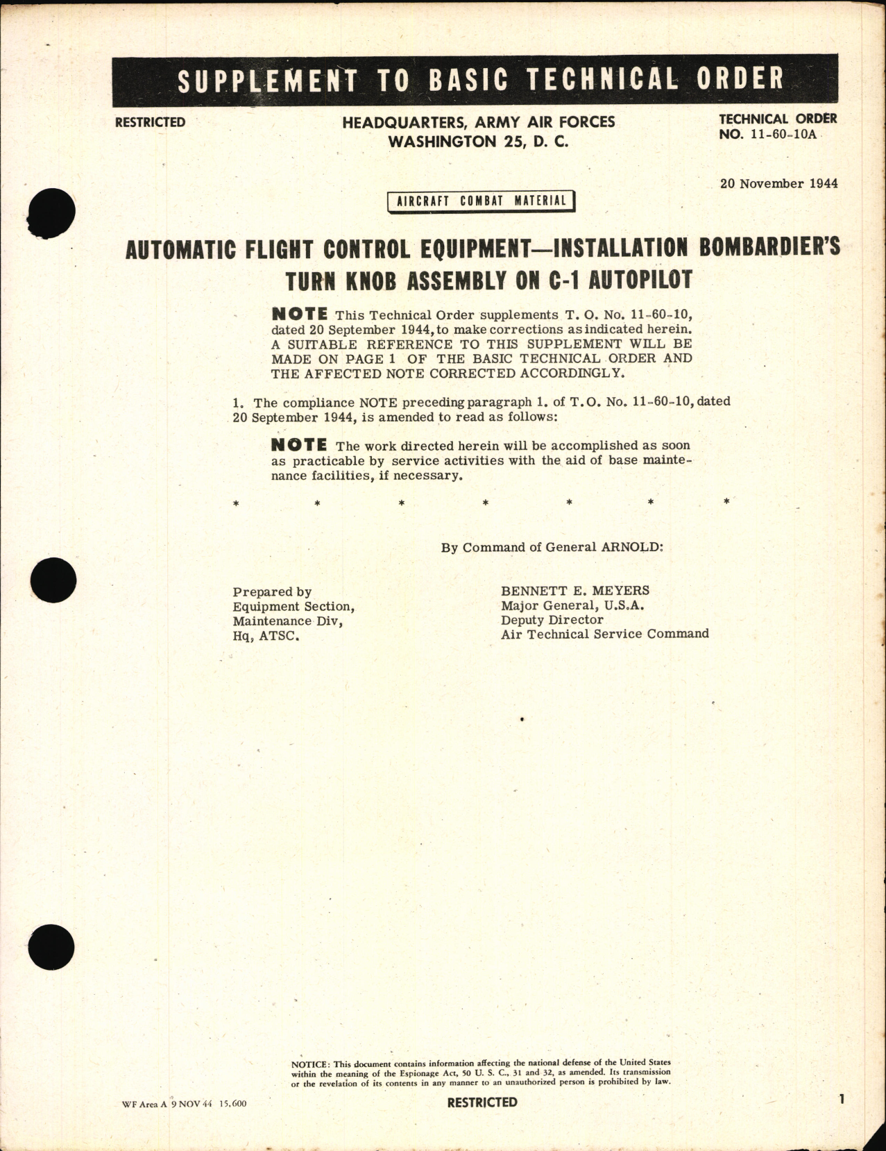 Sample page 1 from AirCorps Library document: Installation of Bombardier's Turn Knob Assembly on C1 Autopilot