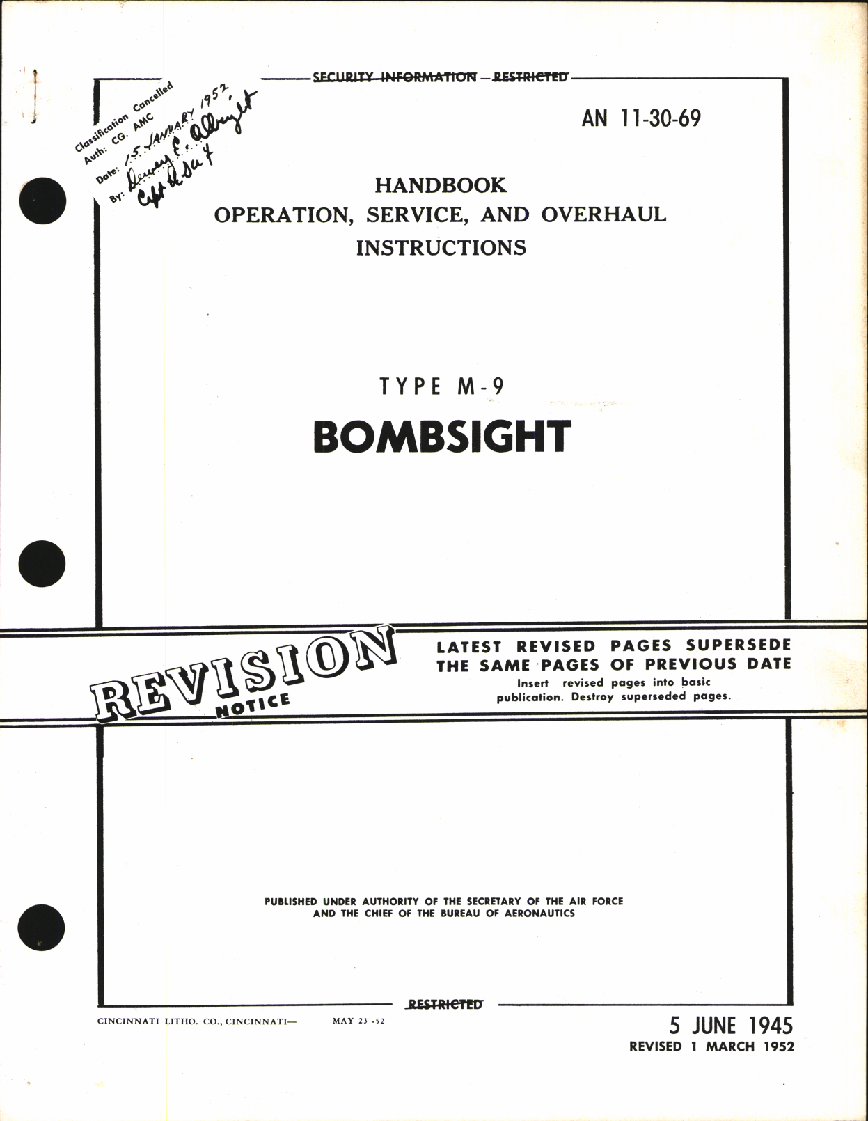 Sample page 1 from AirCorps Library document: Operation, Service, & Overhaul Instructions for Type M-9 Bombsight