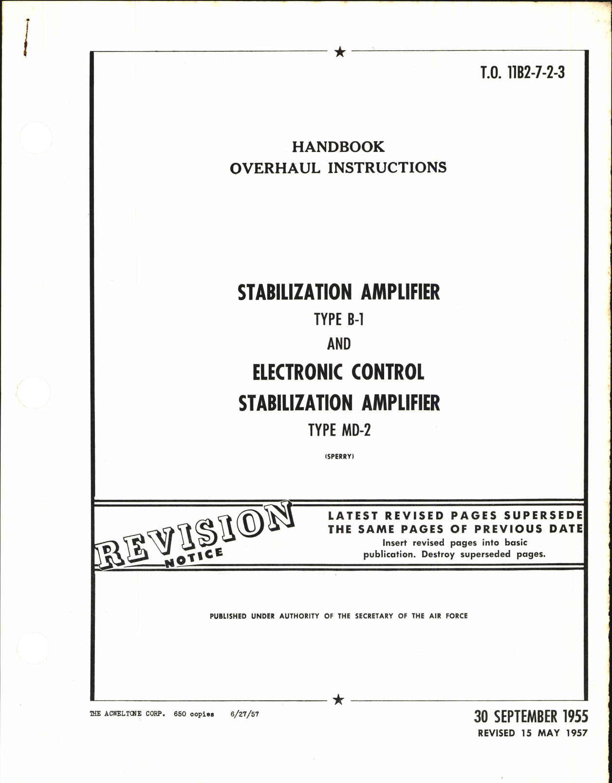 Sample page 1 from AirCorps Library document: Overhaul Instructions for Stabilization Amplifier Type B-1 and Electronic Control Stabilization Amplifier Type MD-2